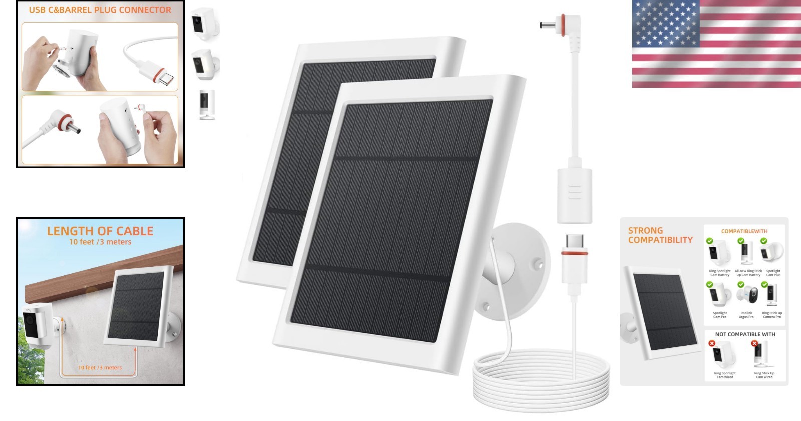 2 Pack 4W Waterproof Solar Chargers for Ring Cameras – Easy Install & 10ft Cable