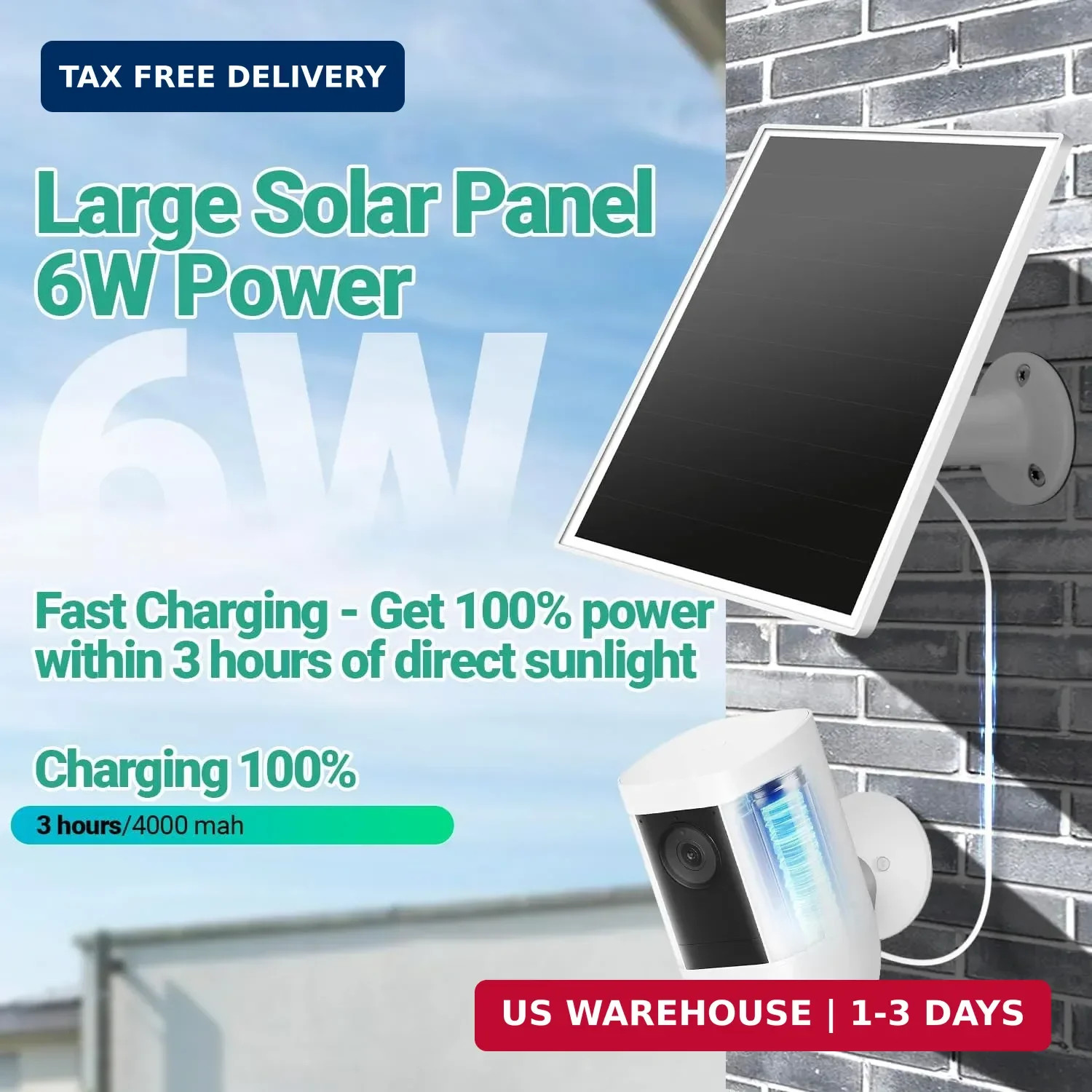 Solar Panel for Ring Camera, 6W Solar Charger with USB-C & Barrel Plug for Ring