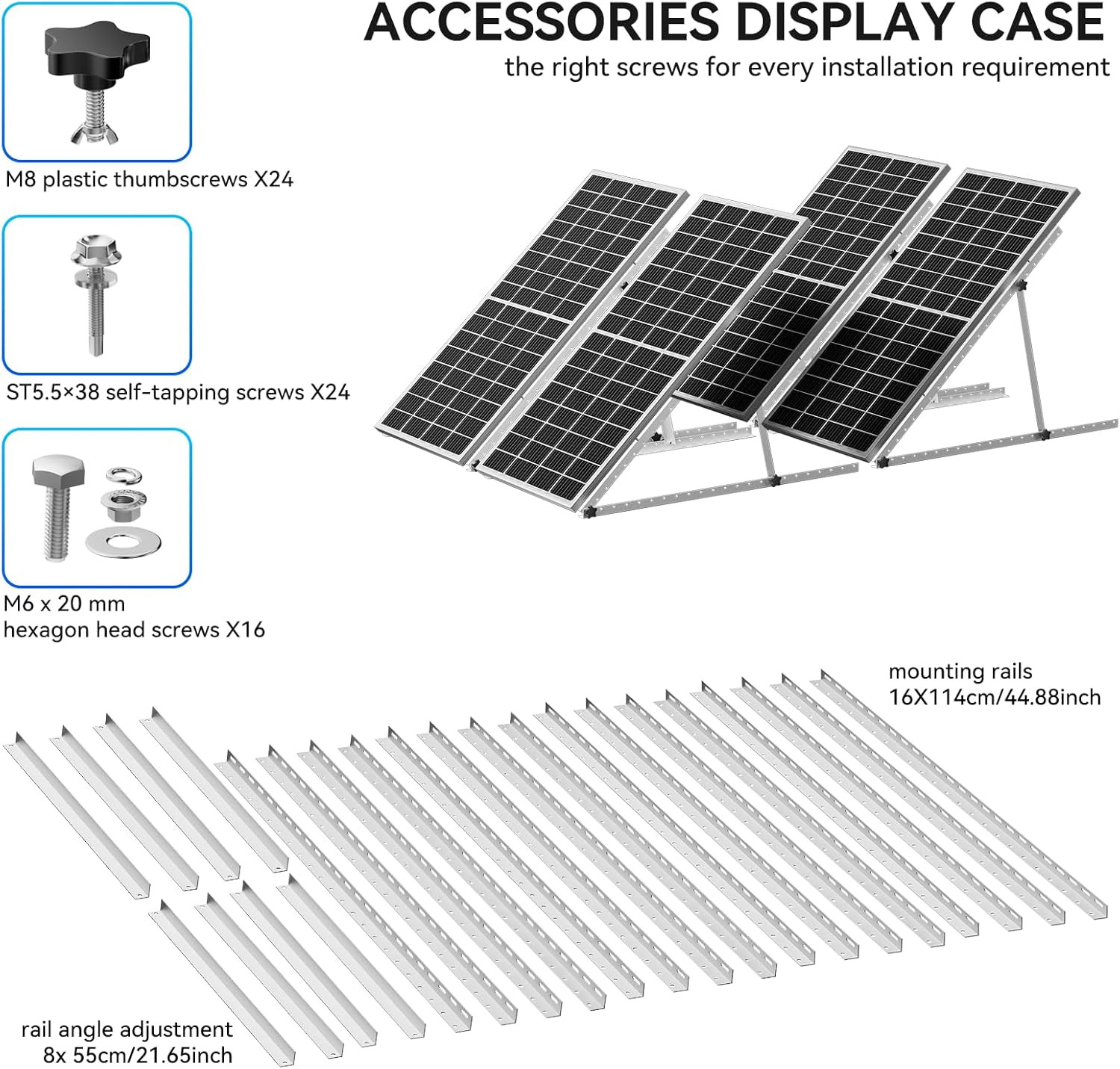 4-Pack 45″ Heavy-Duty Solar Panel Mount, Adjustable 0-90° Tilt Angle Anodized Al