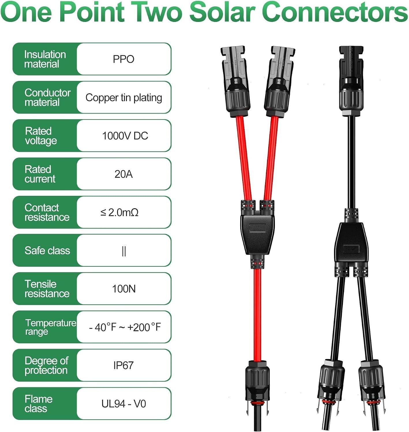 2 Pairs Solar Connectors Y Branch Parallel Adapter Cable for Solar Panel 1 to 2