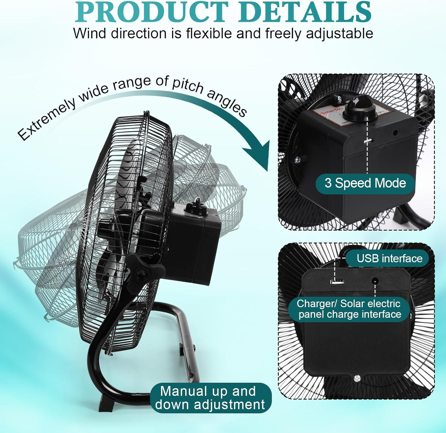 15000Mah 12 Inch Solar Panel Powered Fan, 2 in 1 Solar Panel or AC Charger Power