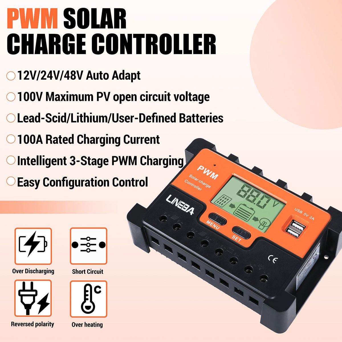 5200W 100A Solar Charge Controller Dual USB 12V 24V 48V PV Battery Regulator USA