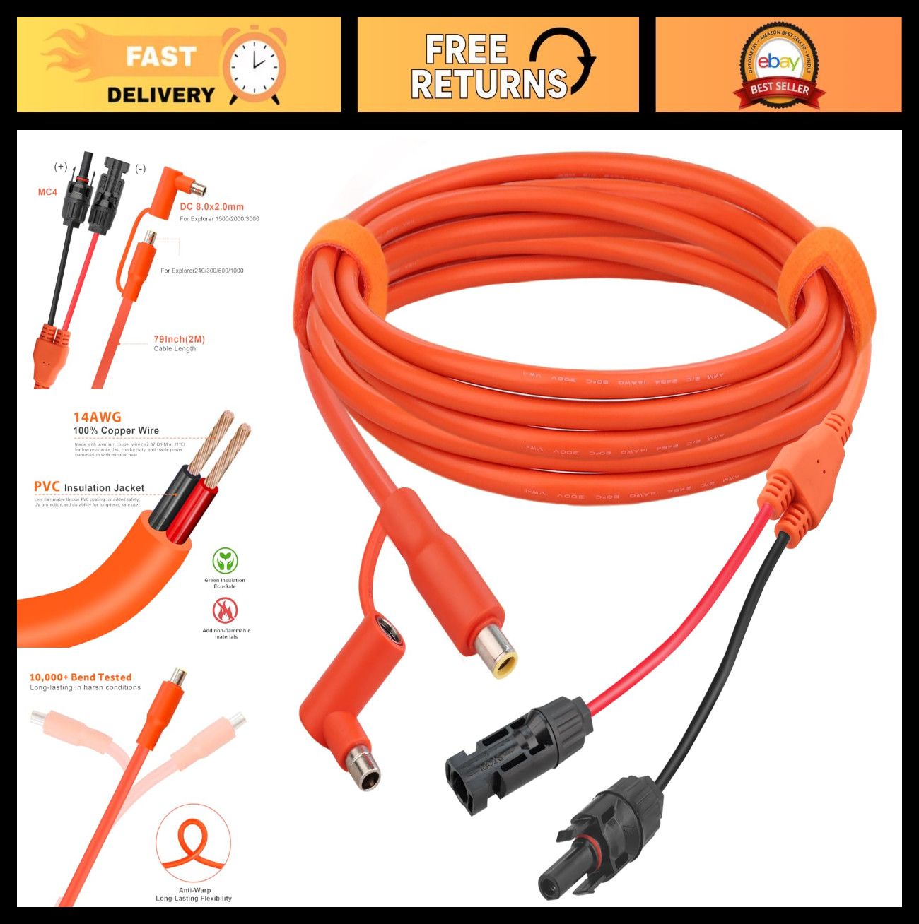 MC4 Solar Cable 14AWG 6.6FT with DC 8mm Adapter for Portable Power Stations & So
