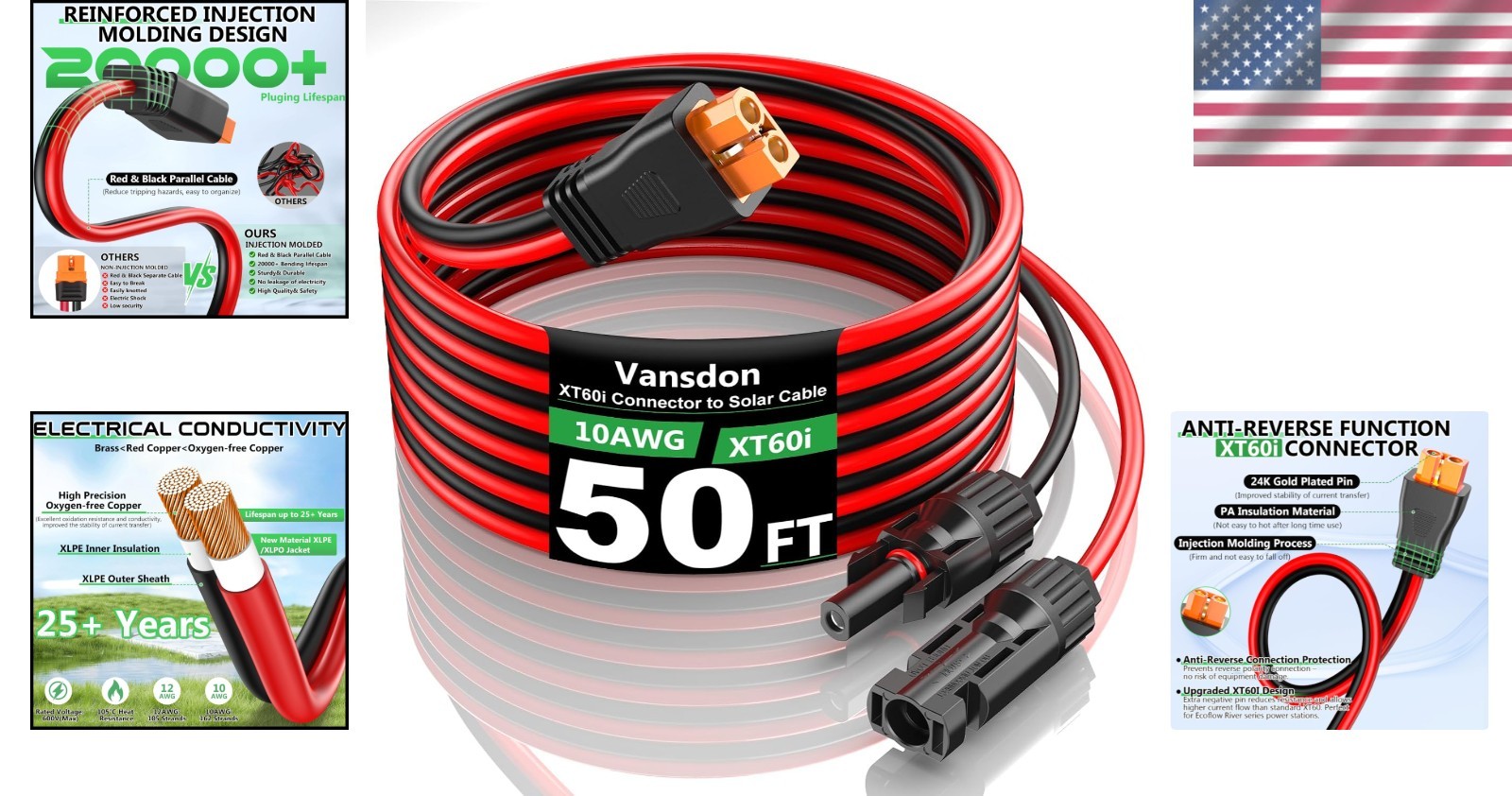 Solar to XT60i Extension Cable 10AWG 50FT Solar Co