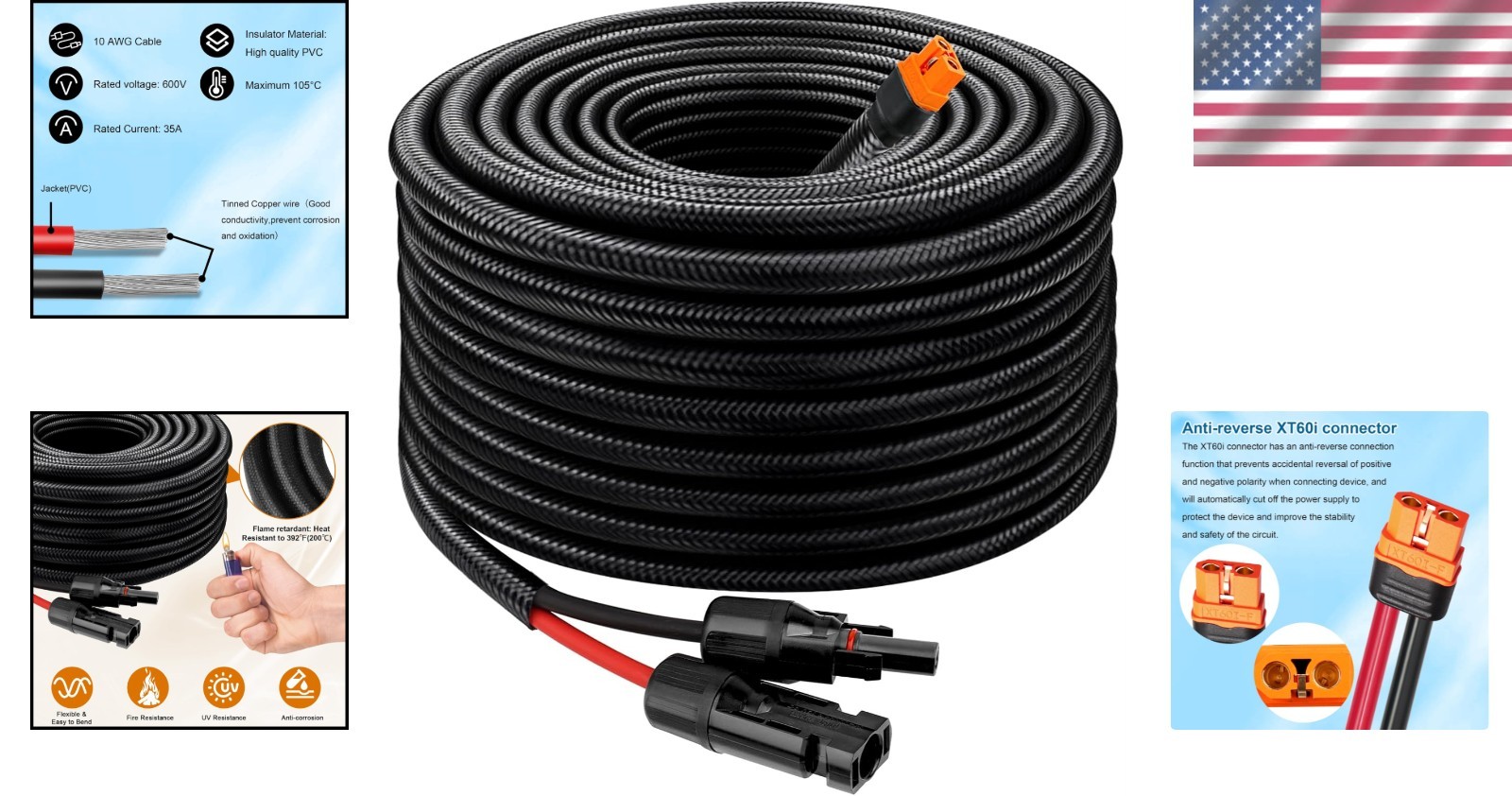 30FT Solar to XT60i Cable – 10AWG with Flame Retardant Protection