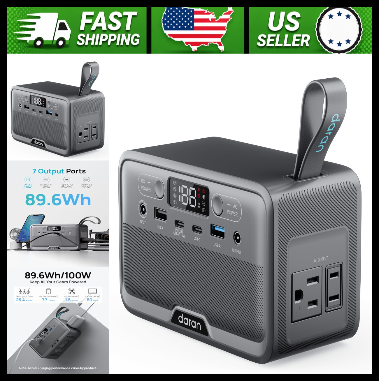DARAN Portable Power Station 89.6Wh LiFePO4 Solar Generator with AC Outlets