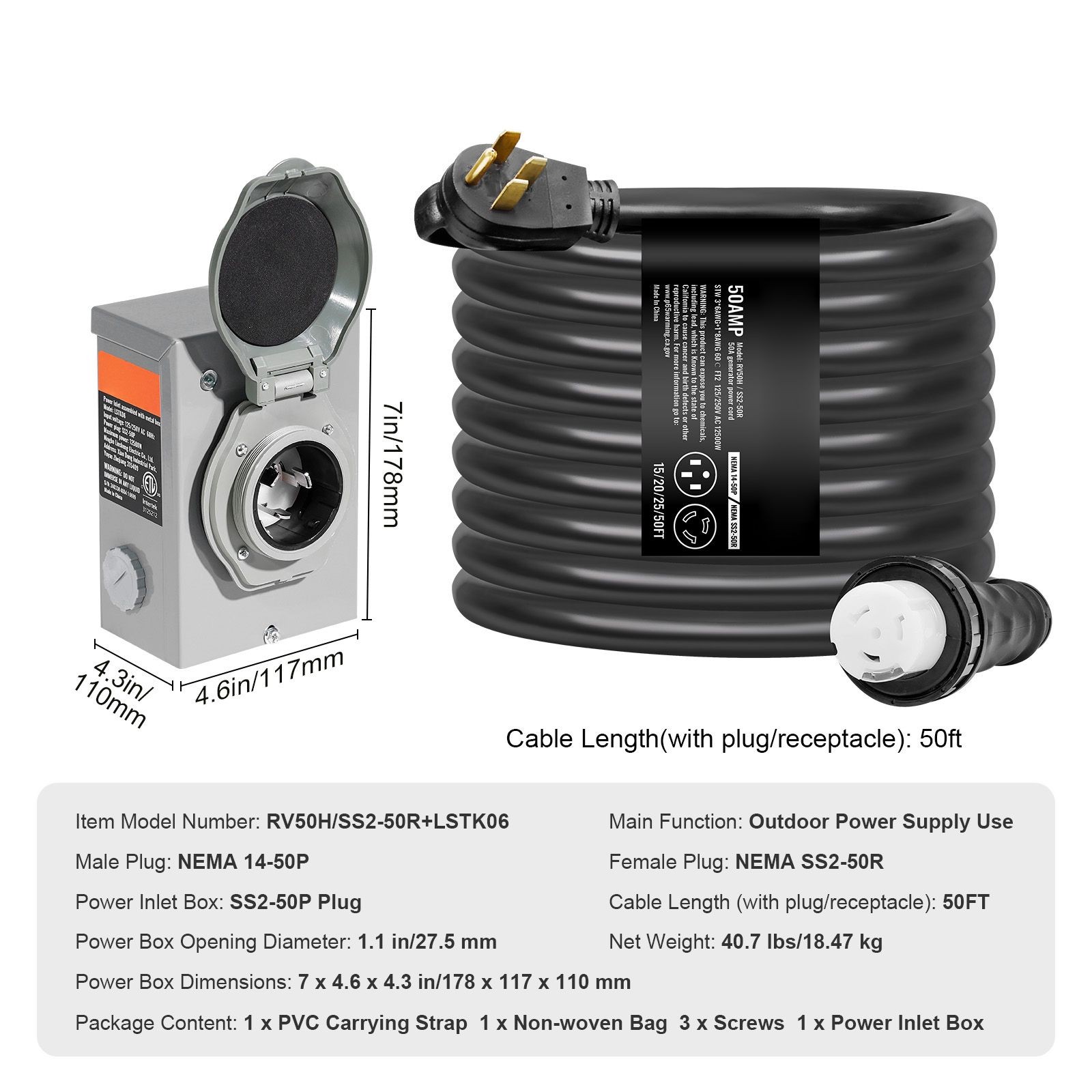 50 Amp Generator Cord and Power Inlet Box Kit, 50FT, NEMA 14 – 50P/ SS2 – 50R