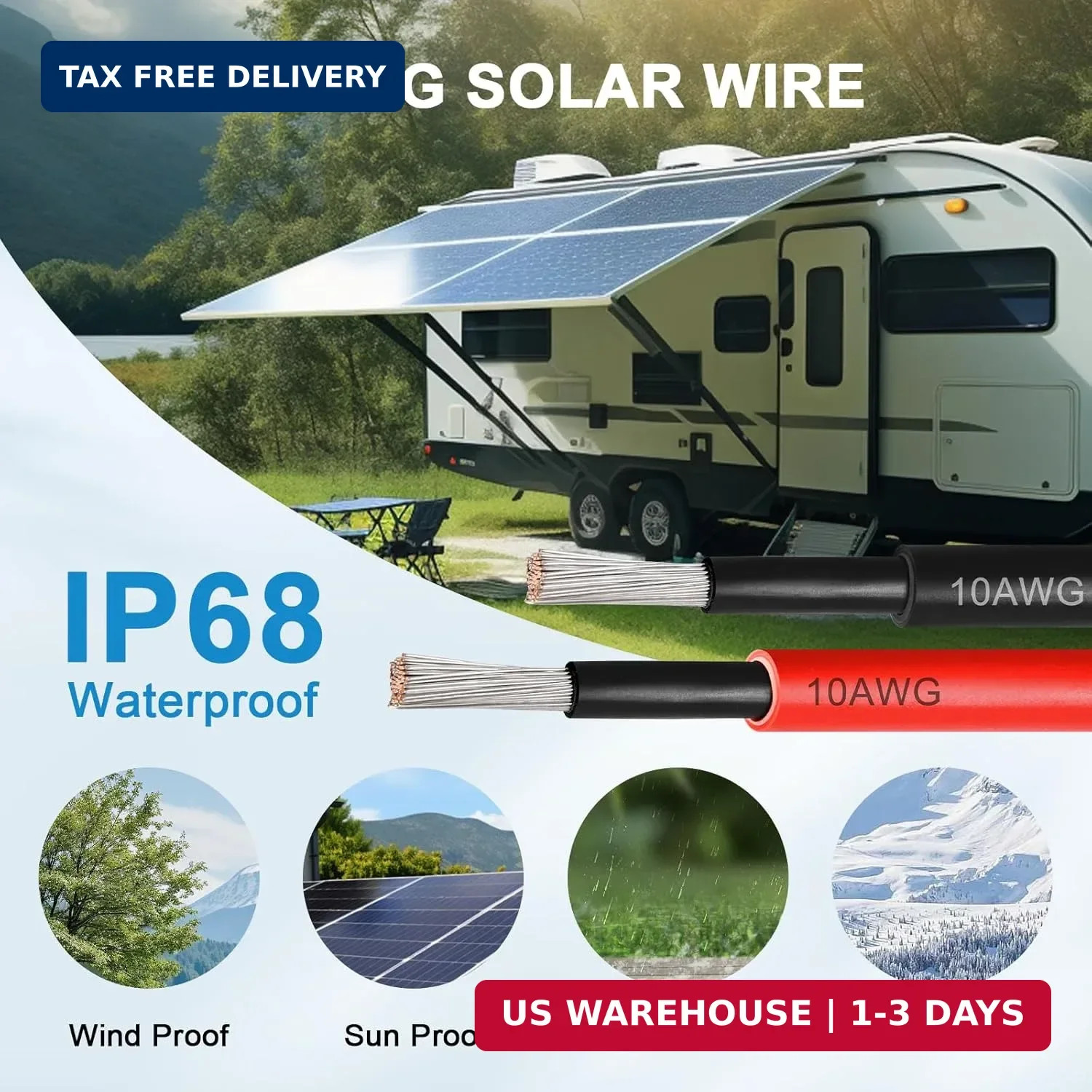10AWG Solar Extension Panel Cable – 50FT Solar Wire with Waterproof Female and M