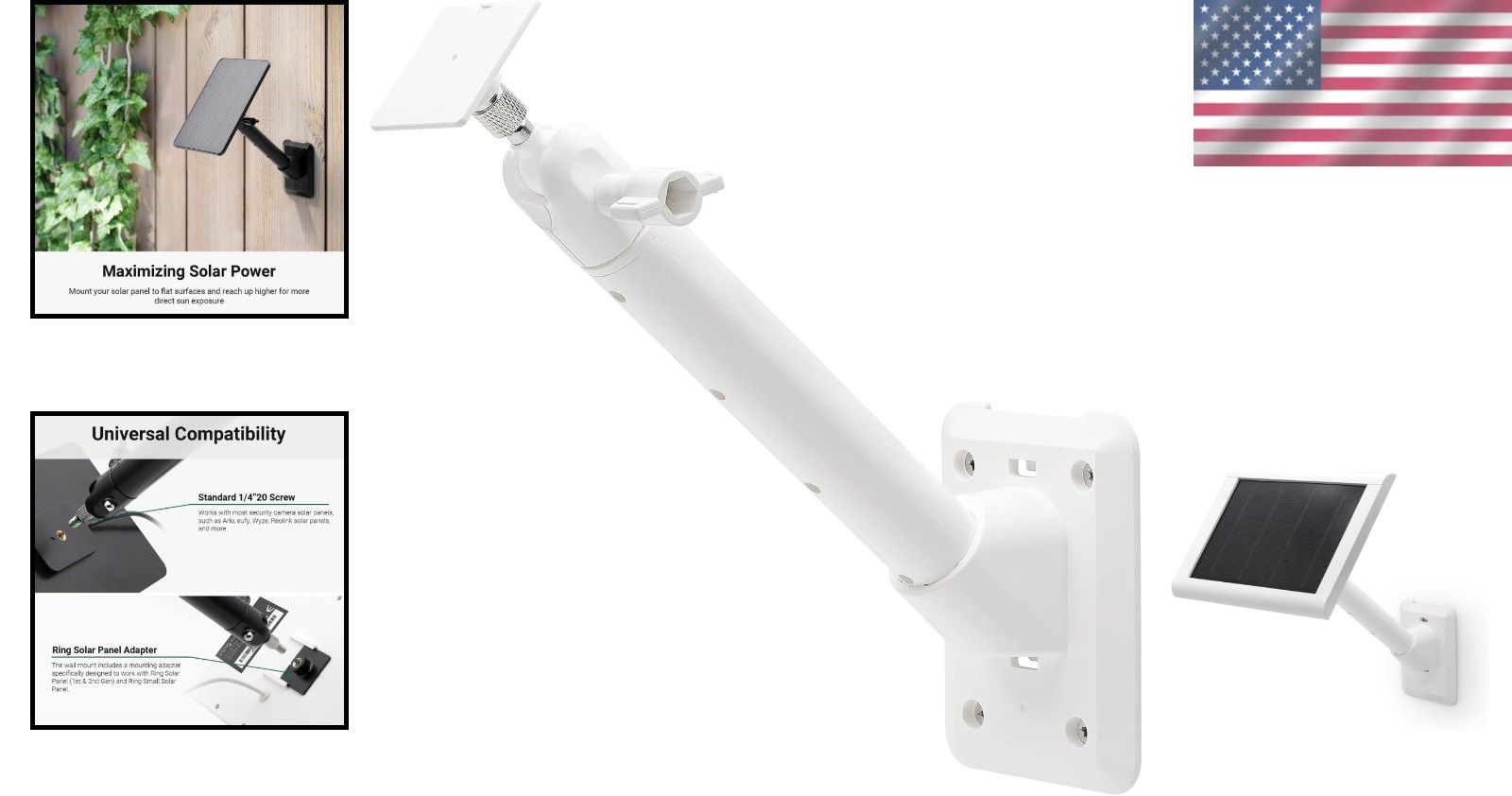 Solar Panel Wall Mount for Ring, Arlo, Wyze – Adjustable Arm