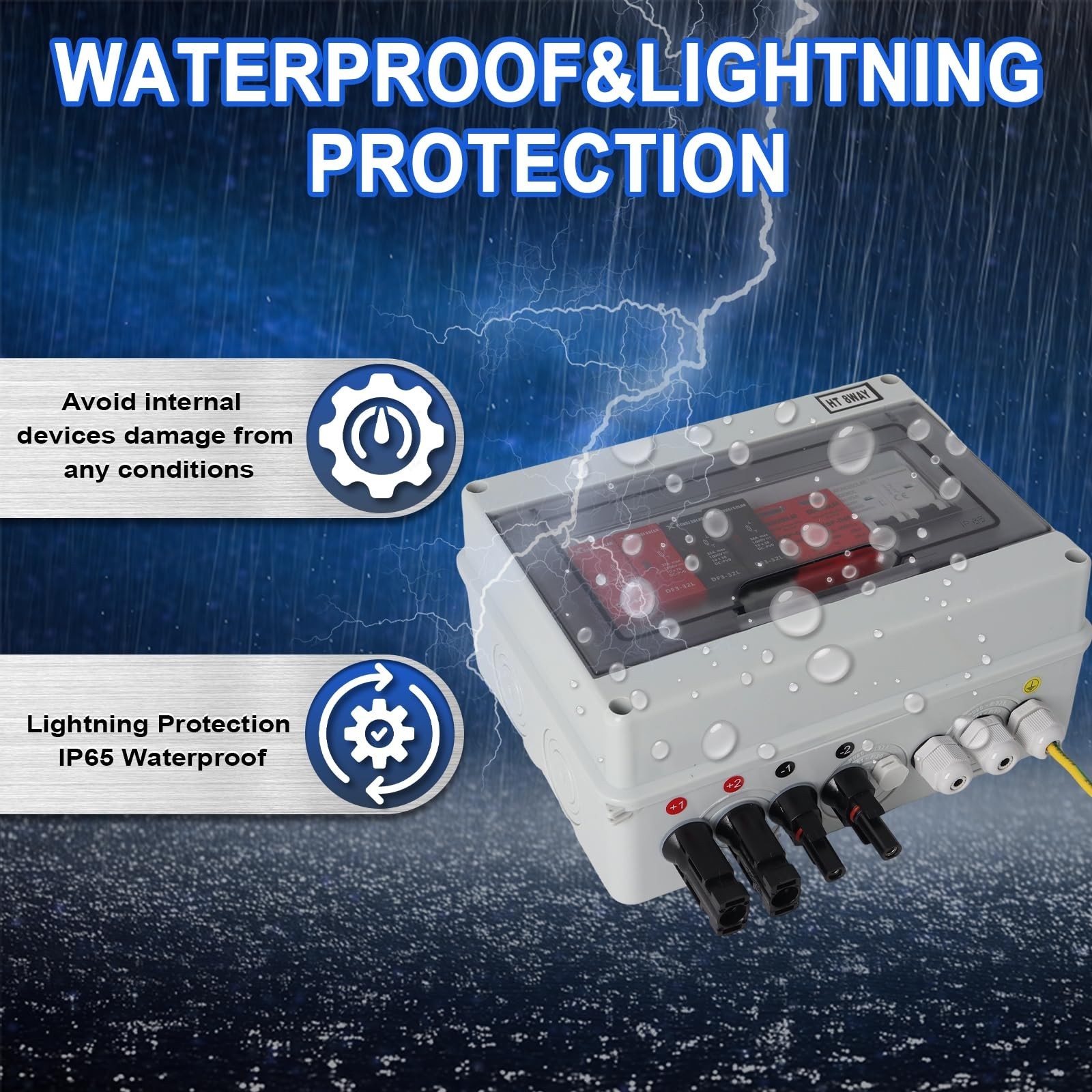 600V Solar Combiner Box, 2 Inputs 1 Output, 15A Fuse, 63A Circuit Breaker, SPD,