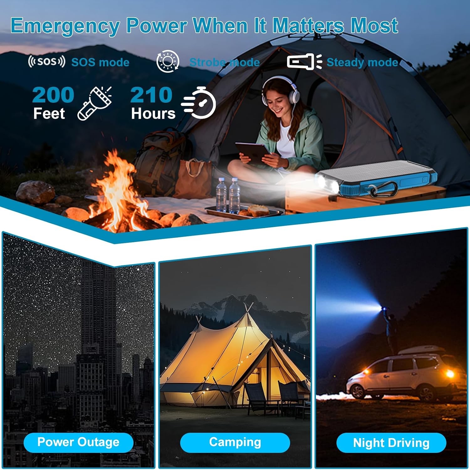 Solar Power Bank 20000mAh, Wireless Fast Charging, 3-in-1 Cables, Blue