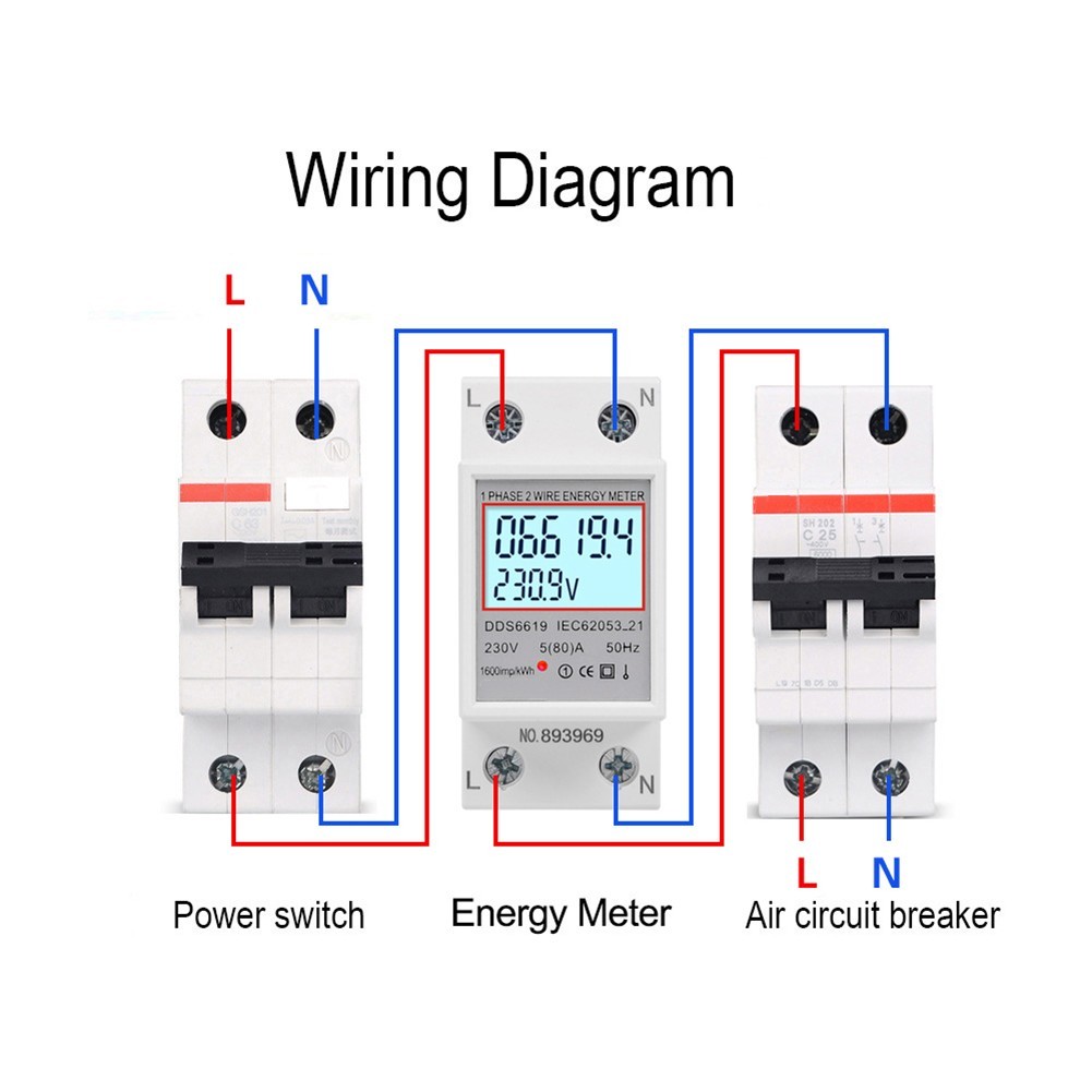 LCD Energy Meter for Din Rail Usage with Voltage Current 80A Monitoring