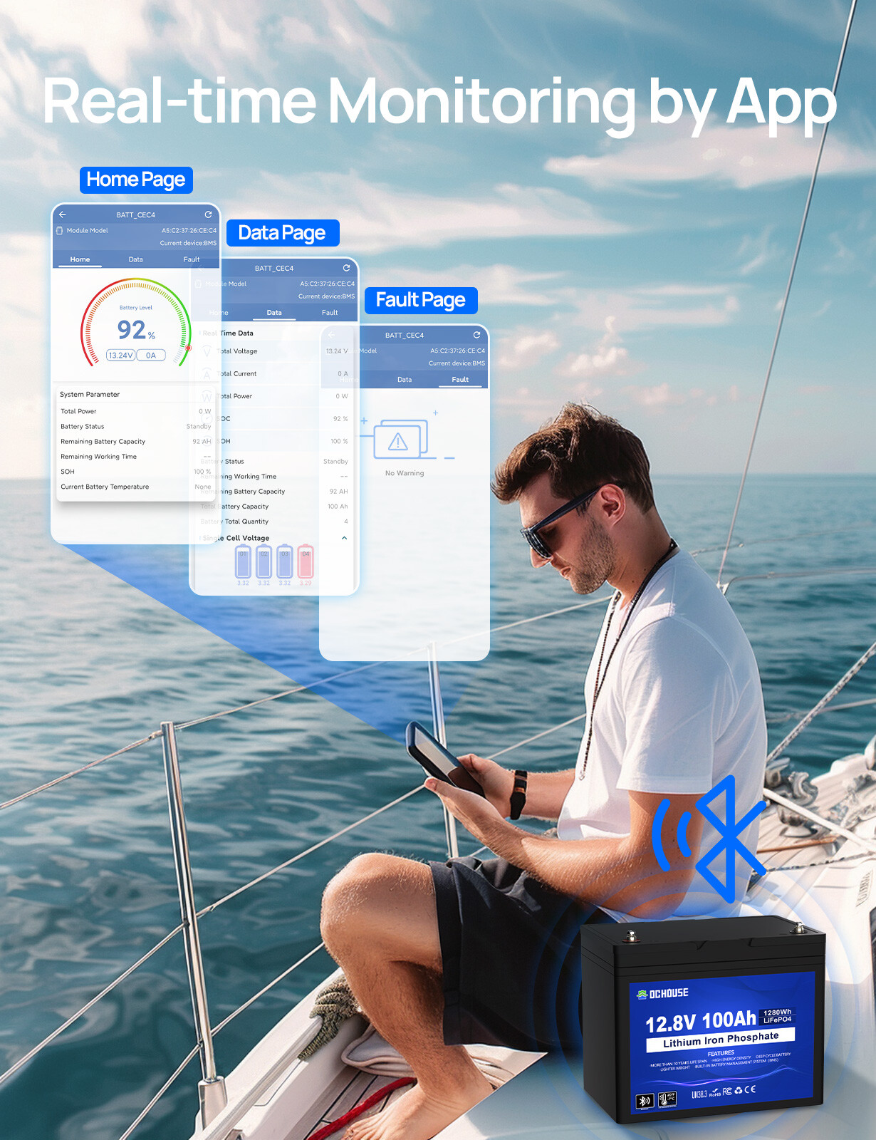 12V 100Ah LiFePO4 Lithium Battery Bluetooth monitoring For Solar Marine RV