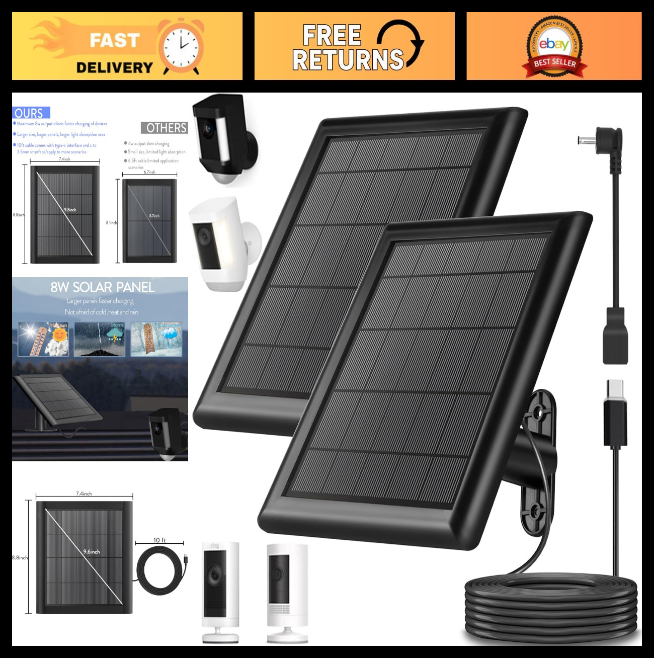 8W Solar Panel Charger for Ring Camera – IP65 Waterproof, 10ft USB C Cable, 2-Pa