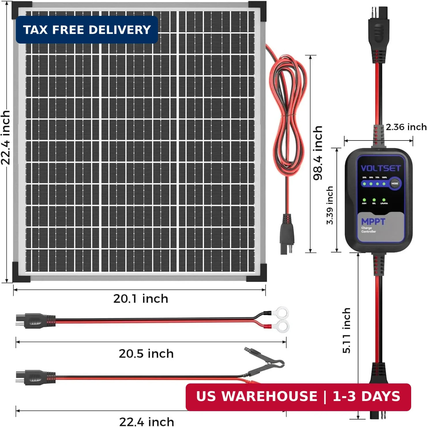 Voltset 50W Solar Panel Kit, 12V Solar Battery Trickle Charger & Maintainer with