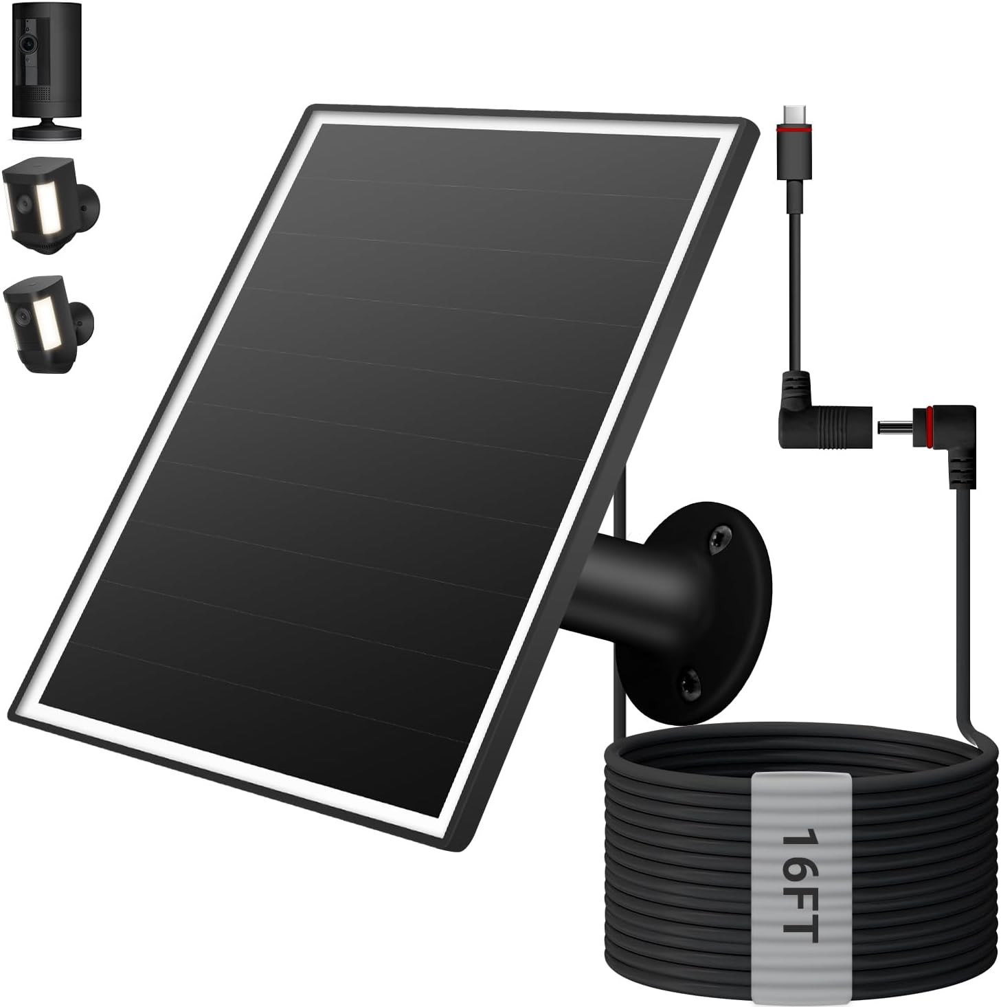 6W Solar Panel for Camera Barrel Plug 16ft USB-C Cable Waterproof 16ft Cable