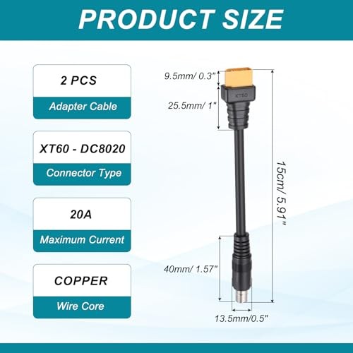 2 Pcs XT60 to DC8020 Adapter Cable, 20A XT60 Male to DC8020 Male Male to Male