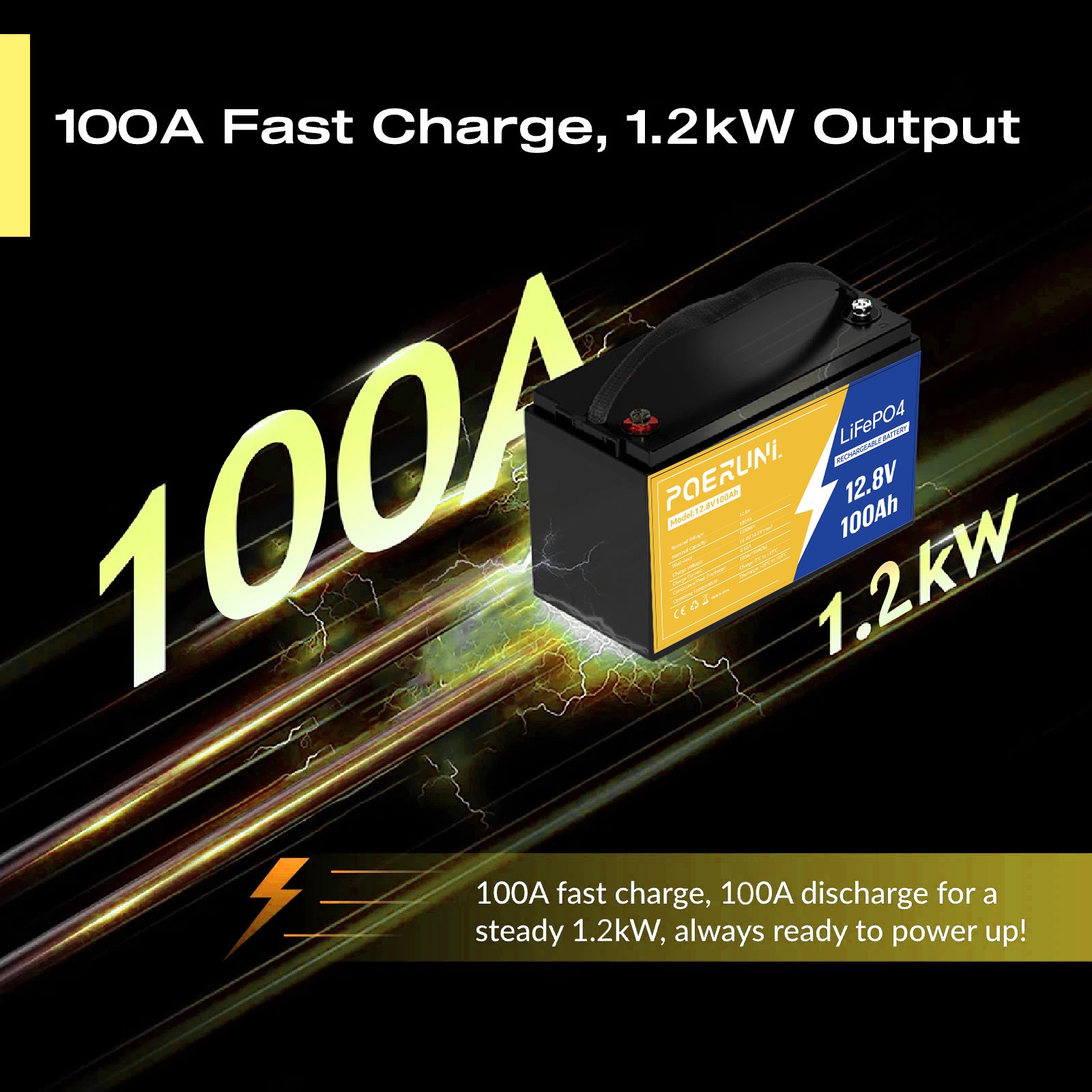 POERUNI 12V 100Ah LiFePO4 Lithium Battery Deep Cycle BMS 100Ah for Solar Marine