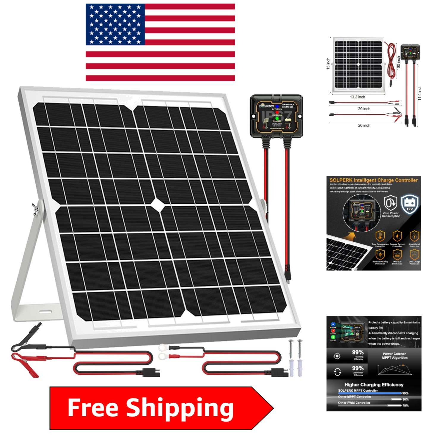 20W Waterproof Solar Panel Kit with Smart MPPT Controller for 12V Batteries