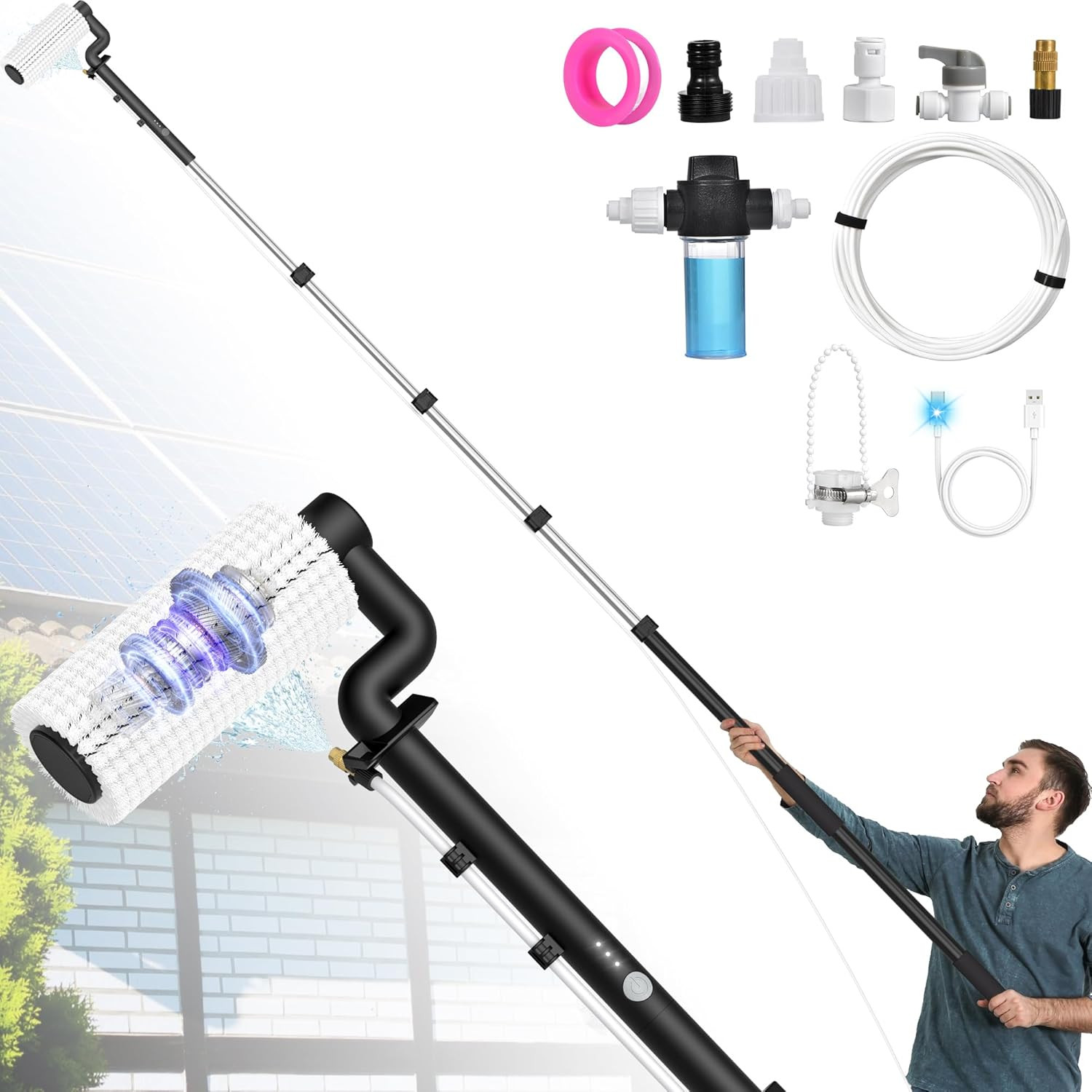 20ft Electric Solar Panel Cleaning Brush Kit Water Fed Pole 2 Speed Soap Dispens