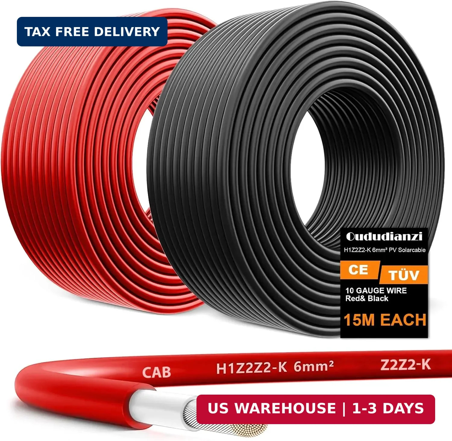 Oududianzi 2×50 Feet Solar Panel Wire, 10AWG Solar Wire Tinned Copper 10 Gauge P