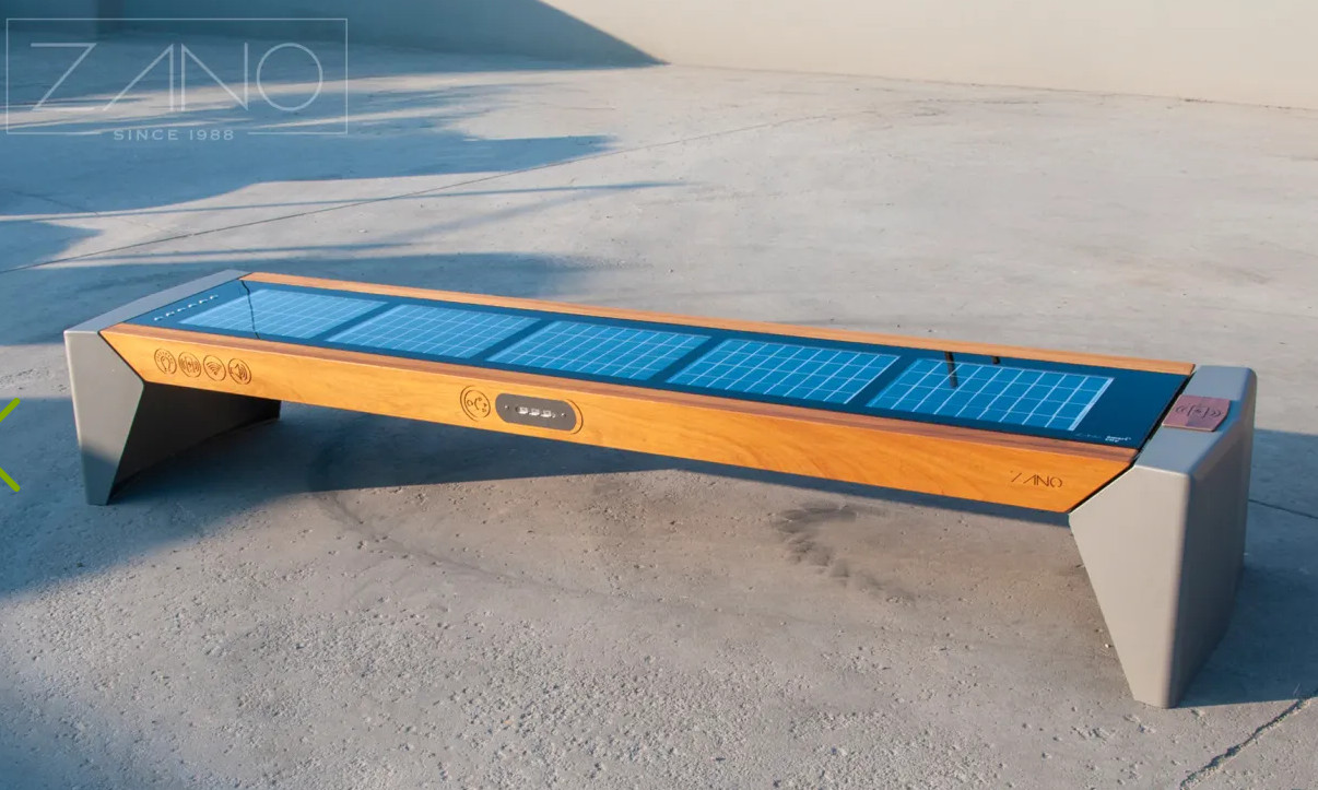 Modern Solar outdoor bench Photon. WIFI, lighting & charging station. USB ports