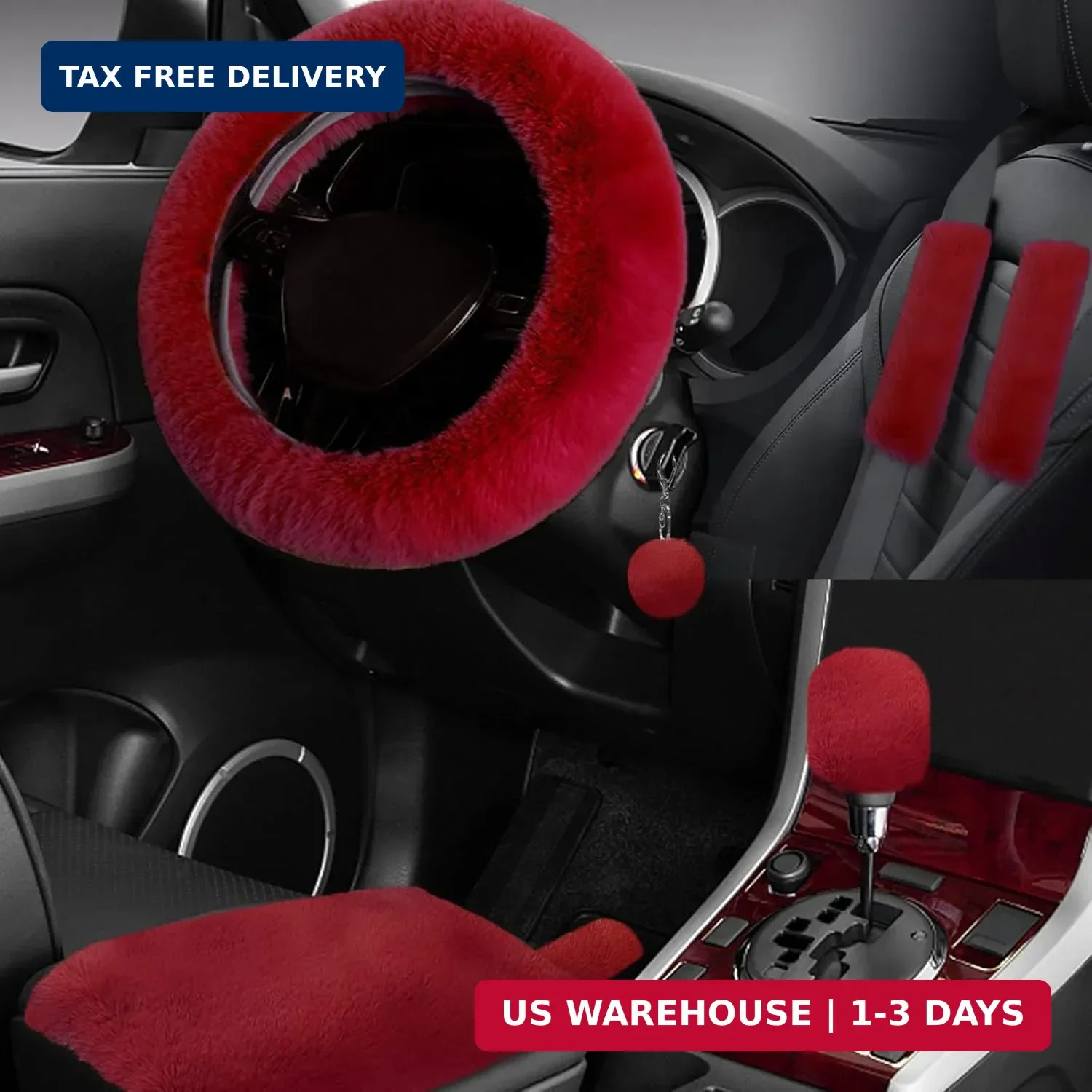 7PCS Set car Interior Aesthetic Accessories, Fluffy 15 inch Steering Wheel Cover