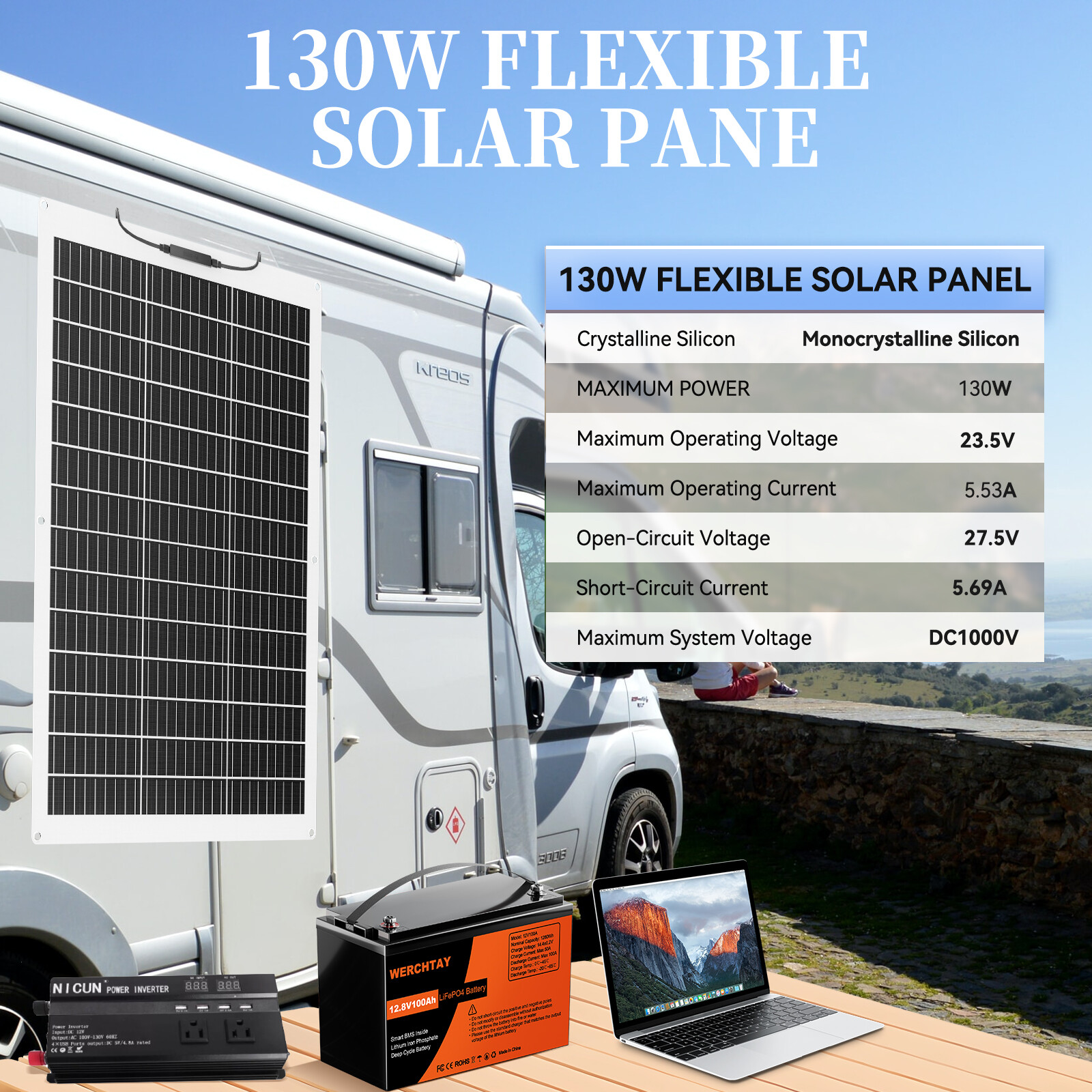 130W 520W Flexible Solar Panel Portable RV Rooftop Cabin Car Boat Home Camping