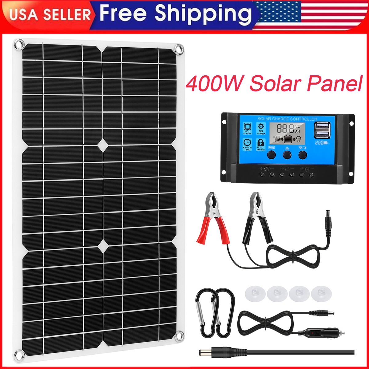 400W Solar Panel Kit 100A 12V Charger w/Dual USB Controller RV Caravan Boat