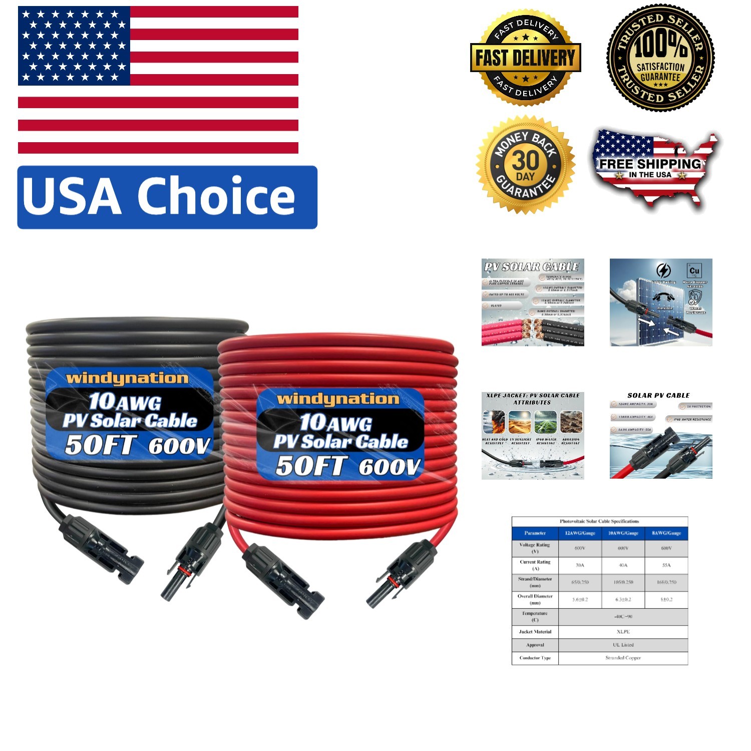 10 AWG Solar Extension Cable: 100 Feet with Male-to-Female Connectors