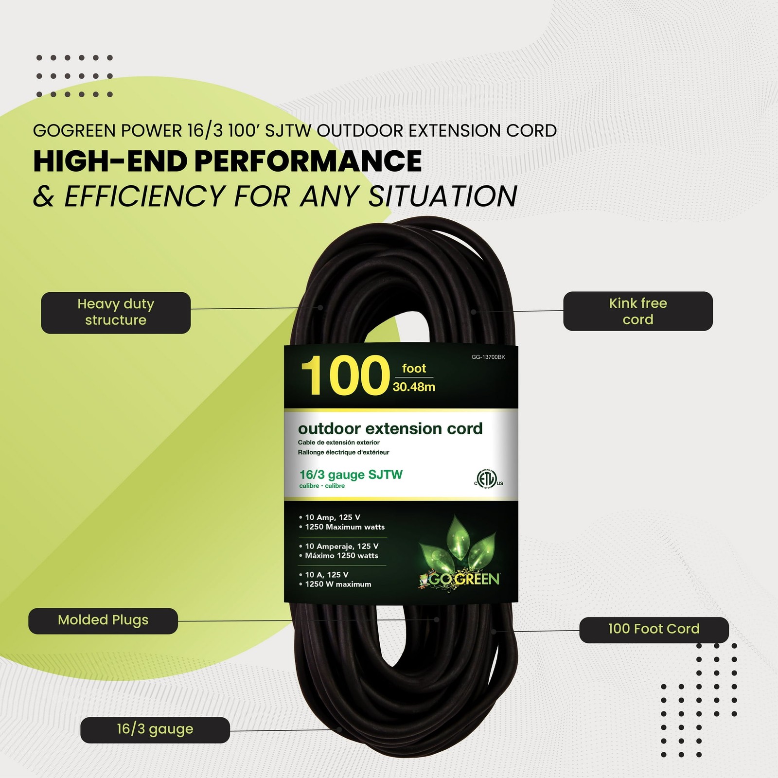 GoGreen Power Inc. 16/3 100ft Black Outdoor Extension Cord – Heavy Duty, Moistur