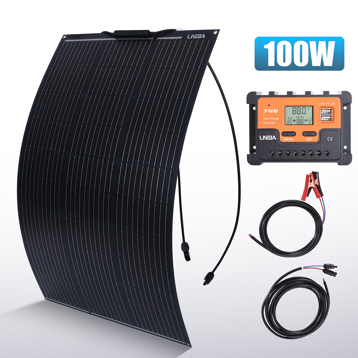 Portable 100W Flexible Solar Panel Kit RV Camping Off-Grid Rooftop w/ Controller