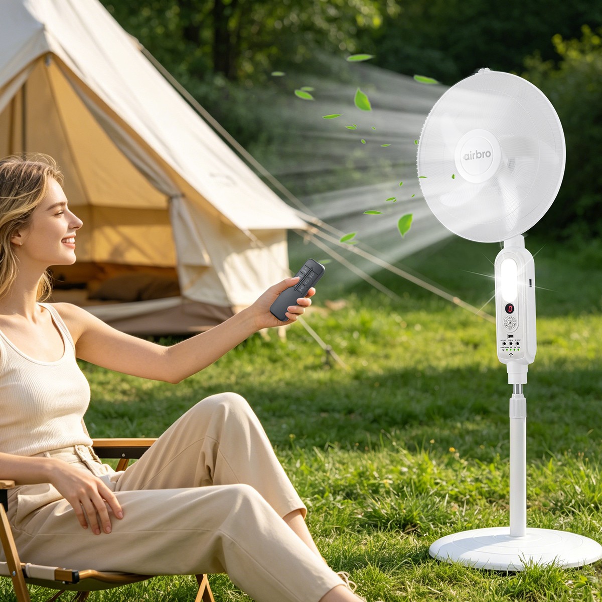 16″ Floor Standing Solar Fan W/ 2 LED Bulbs, Remote Control, AC + Solar Charging