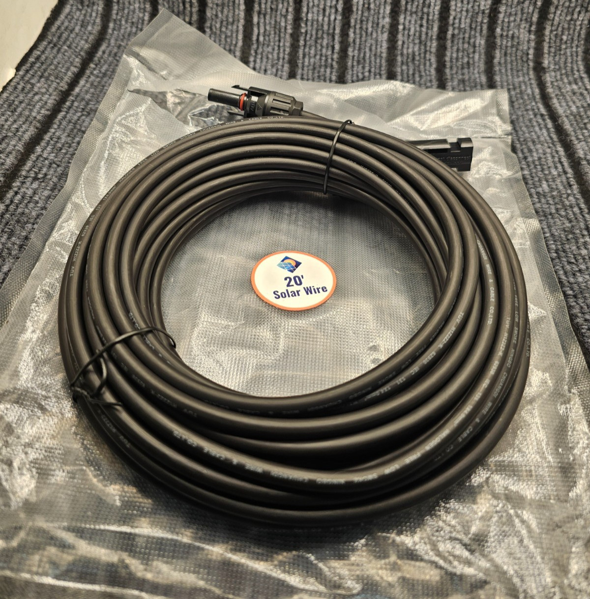 TUV H1Z2Z2-K: 20 FT Black Solar Panel Extension Cable Wire Connector