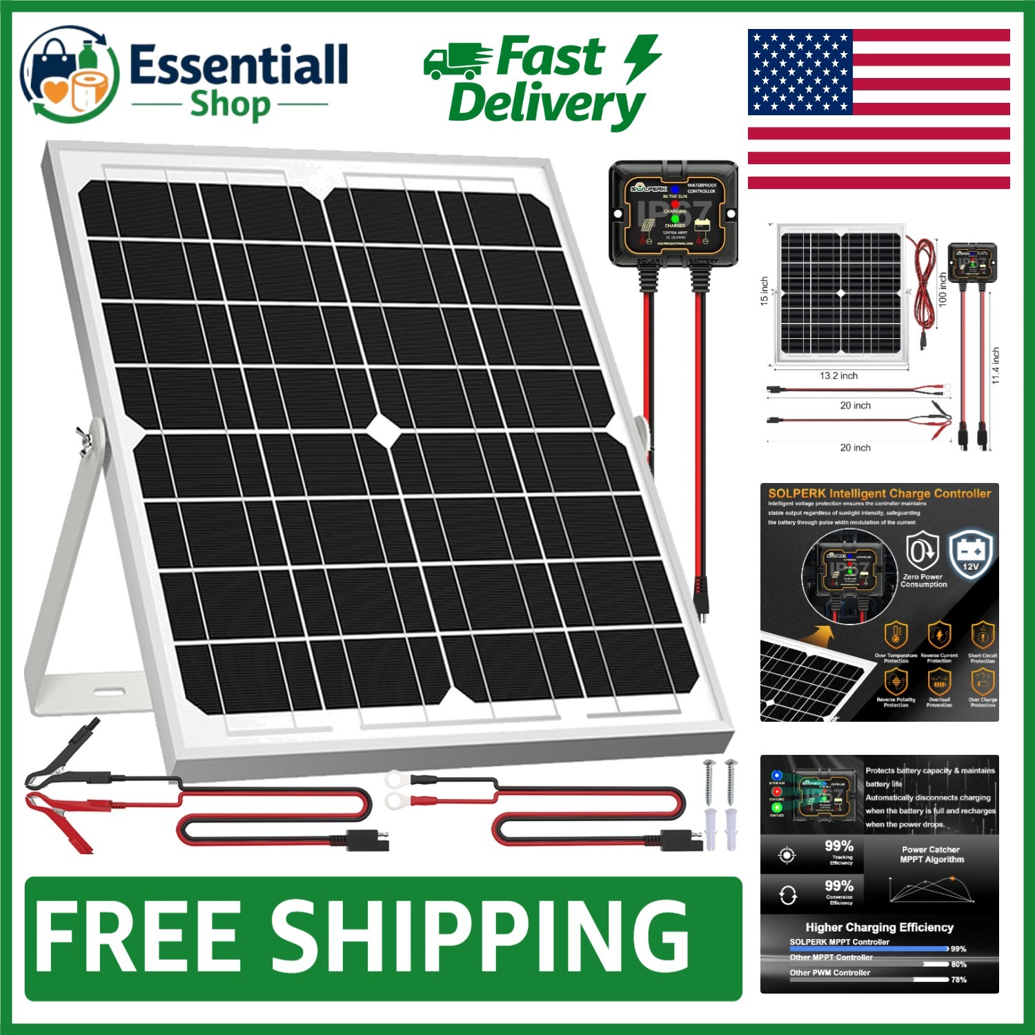 20W Waterproof Solar Panel Kit with Smart MPPT Controller & Adjustable Bracket