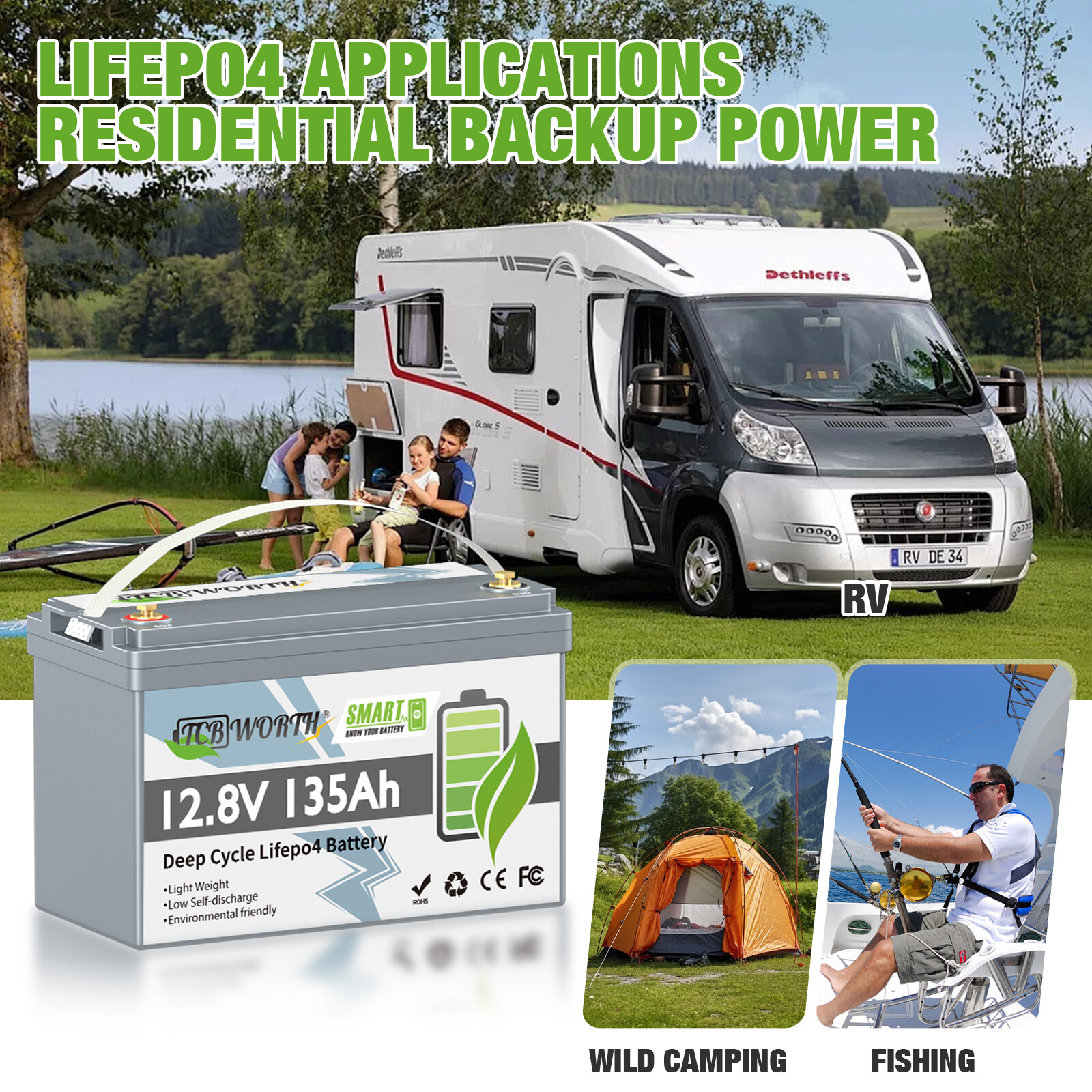 12V 135Ah LiFePO4 Lithium Battery 1728Wh Smart Bluetooth BMS for RV Marine Solar