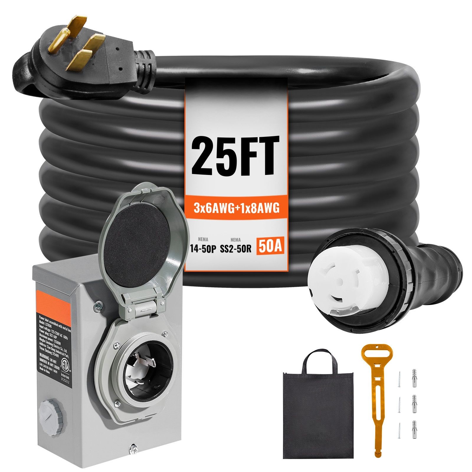 50 Amp Generator Cord and Power Inlet Box Kit, 25FT, NEMA 14 – 50P/ SS2 – 50R