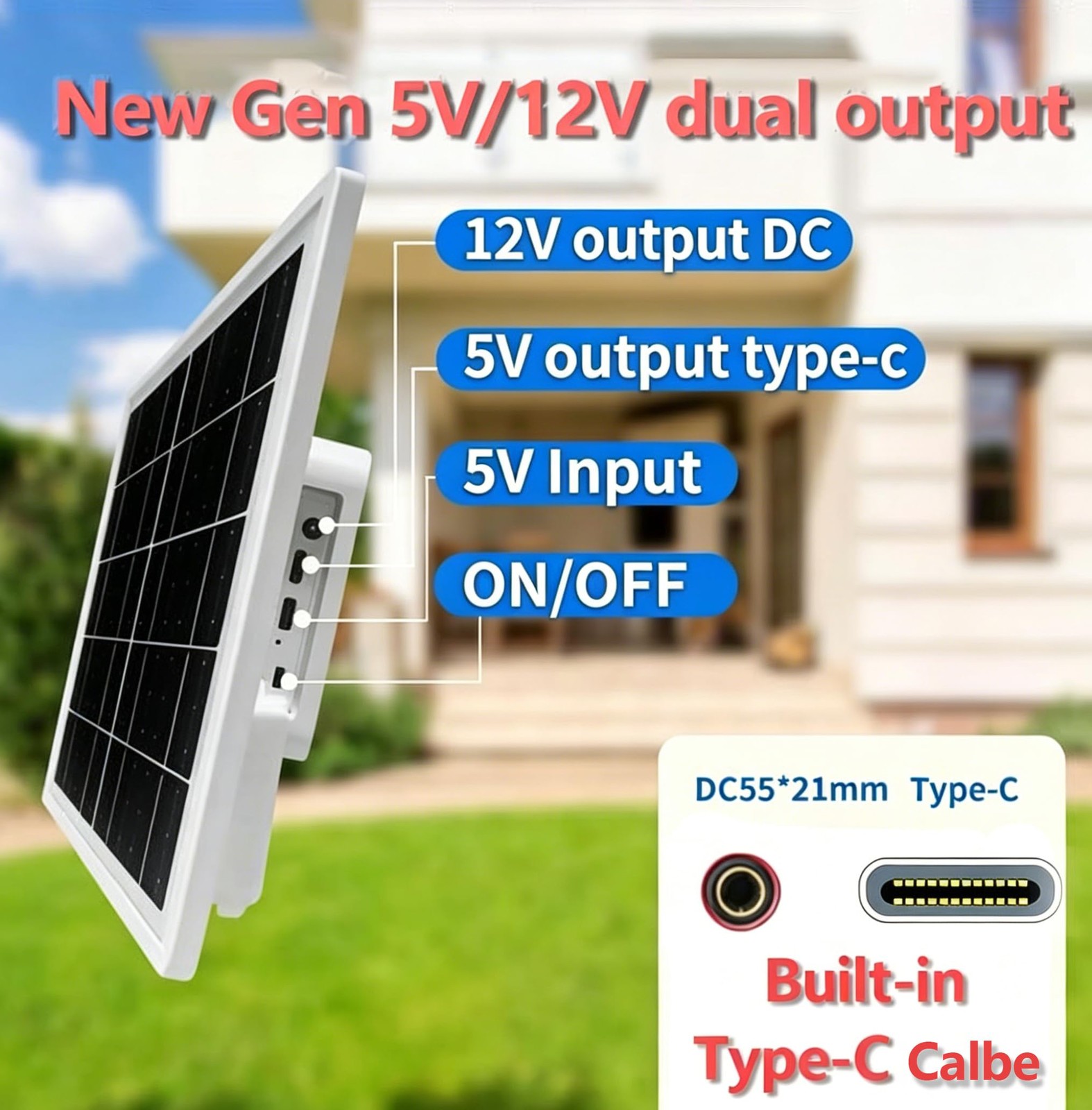 8W Solar Panel with 12000mAh Battery, 5V/12V USB C & DC Dual Output, IP65 Wat…