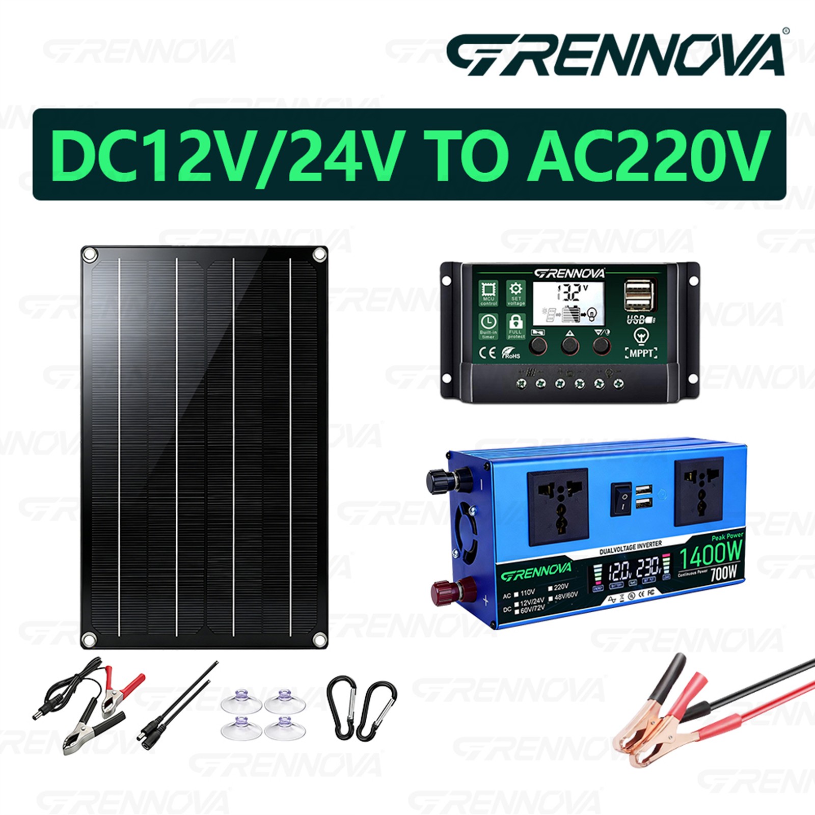 Grennova 1400W DIY Solar System 60W Panel 60A MPPT Dual Voltage Inverter