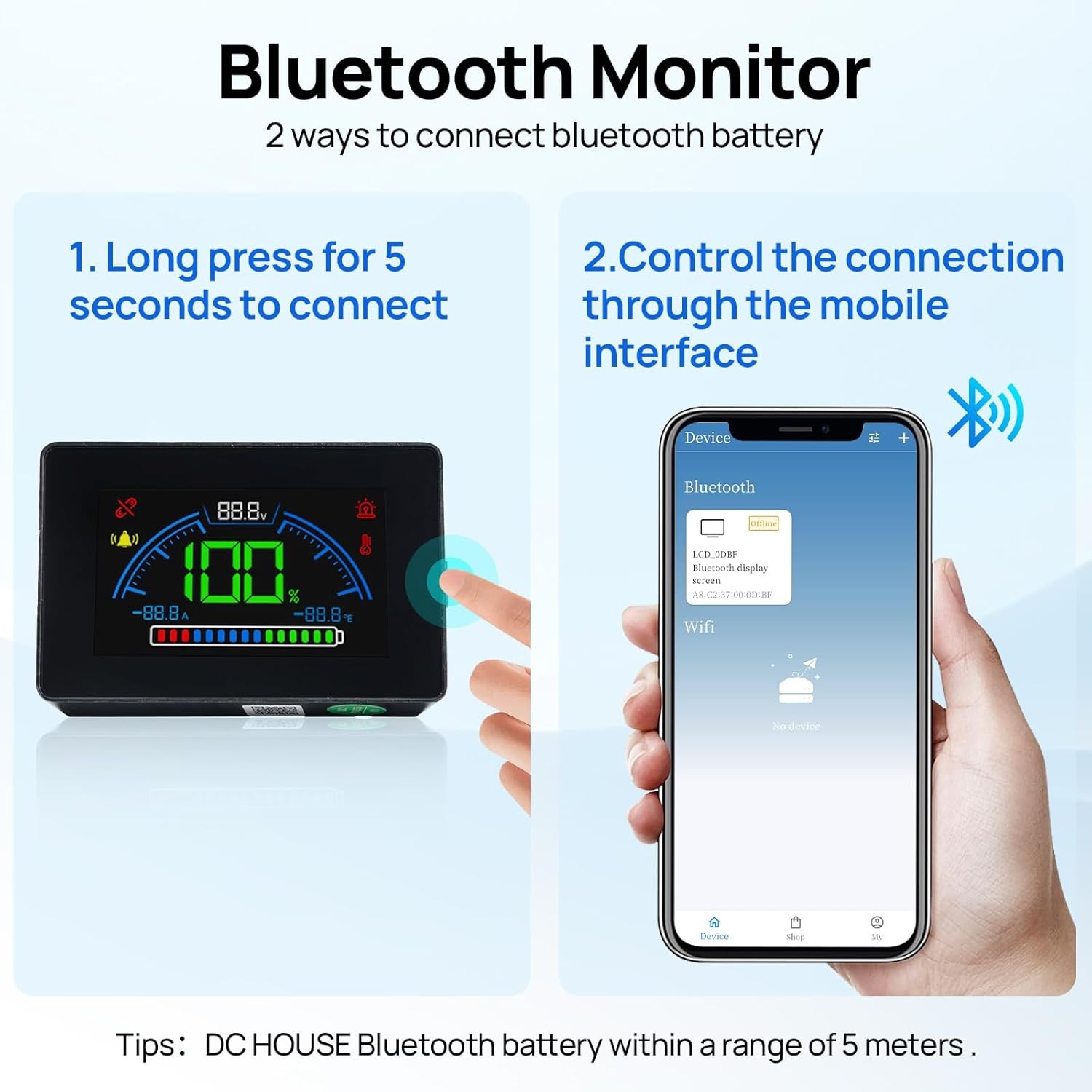 Bluetooth Battery Capacity Monitor for 12V/24V/36V/48V Systems DC 8–90V LCD