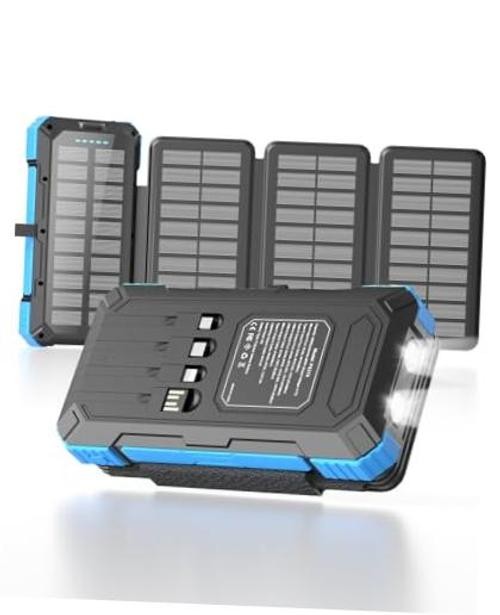 Solar Charger Power Bank 49800mAh with 4 Built-in Cables & 3 Foldable Panels,