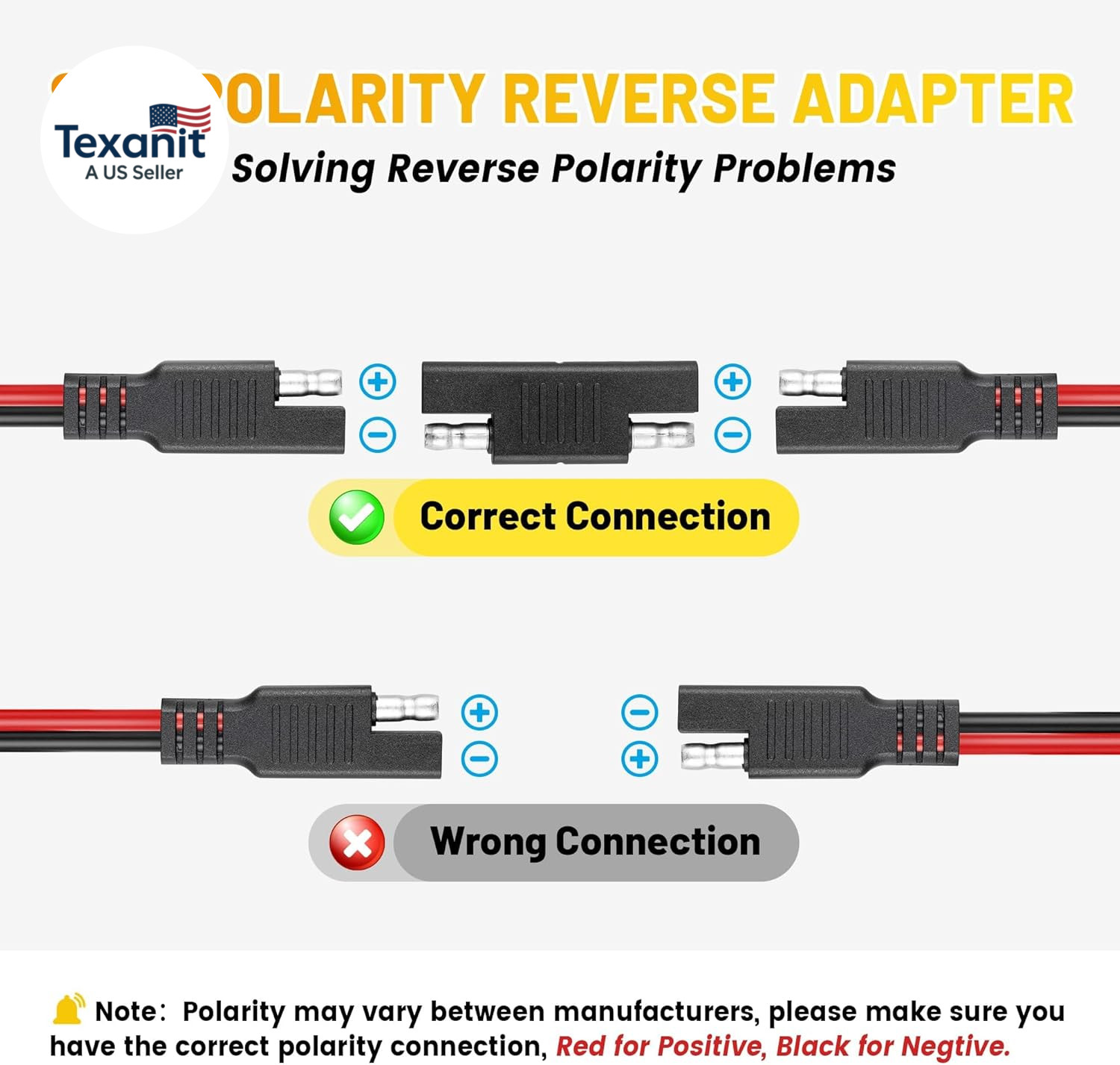 6FT 16AWG SAE Extension Cable with Polarity Reversing Adapter, Heavy Duty 2 Pin