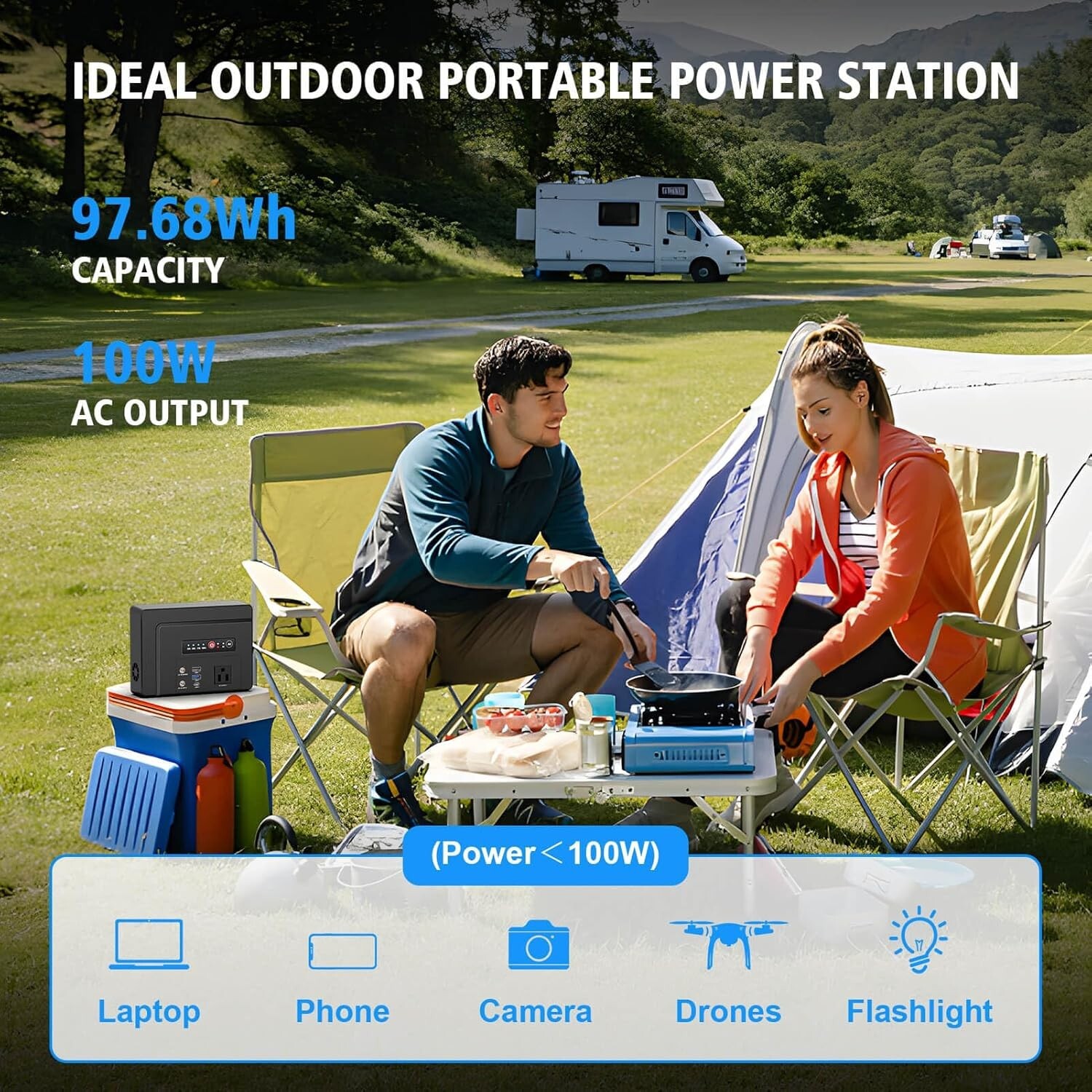 Open Box Powkey Portable Power Station 100W/97.68Wh Camping Portable Generator