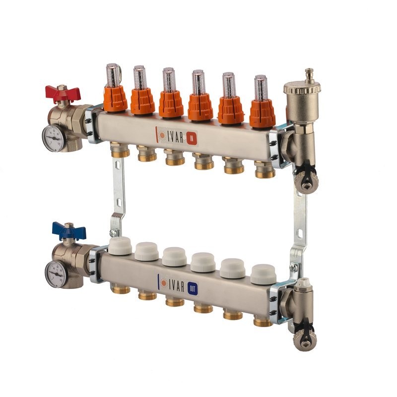 1″ IVAR Stainless Steel Hydronic Manifold for Radiant Floor Heating – 9 ports