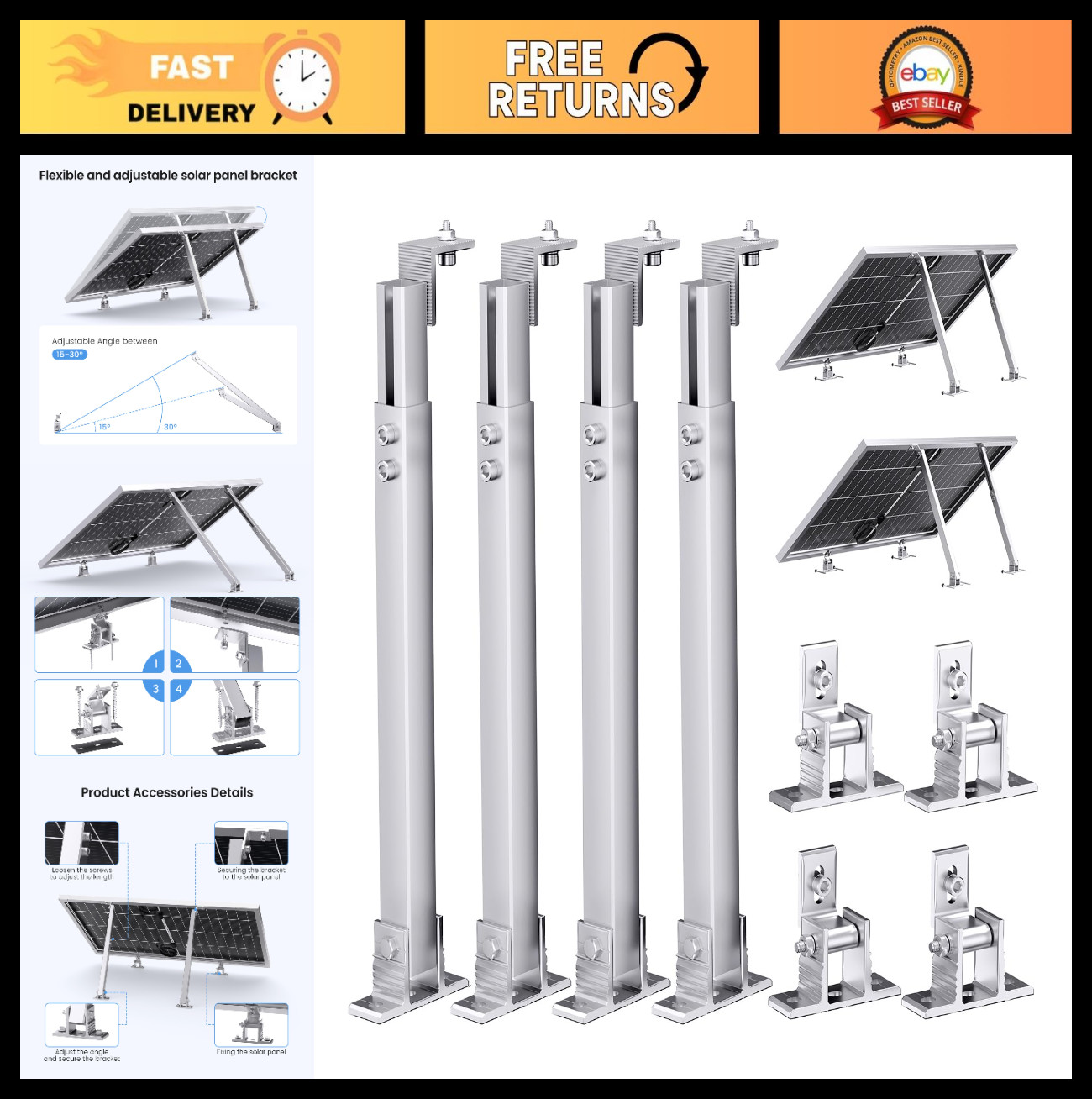 Adjustable Solar Panel Tilt Mount Brackets, Aluminum, 15°-30° for 50-400W, RV, B