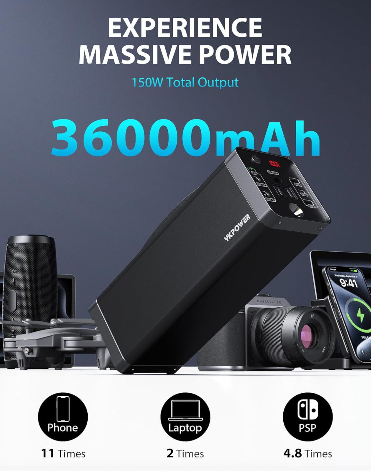 Portable PowerStation 150W, 133.2Wh/36000mAh Fast Charging with 5 Outputs AC Opt
