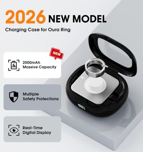 Charging Case for Oura Ring Gen 5, 4 & 3 Charger, 2000mAh Portable Travel Black