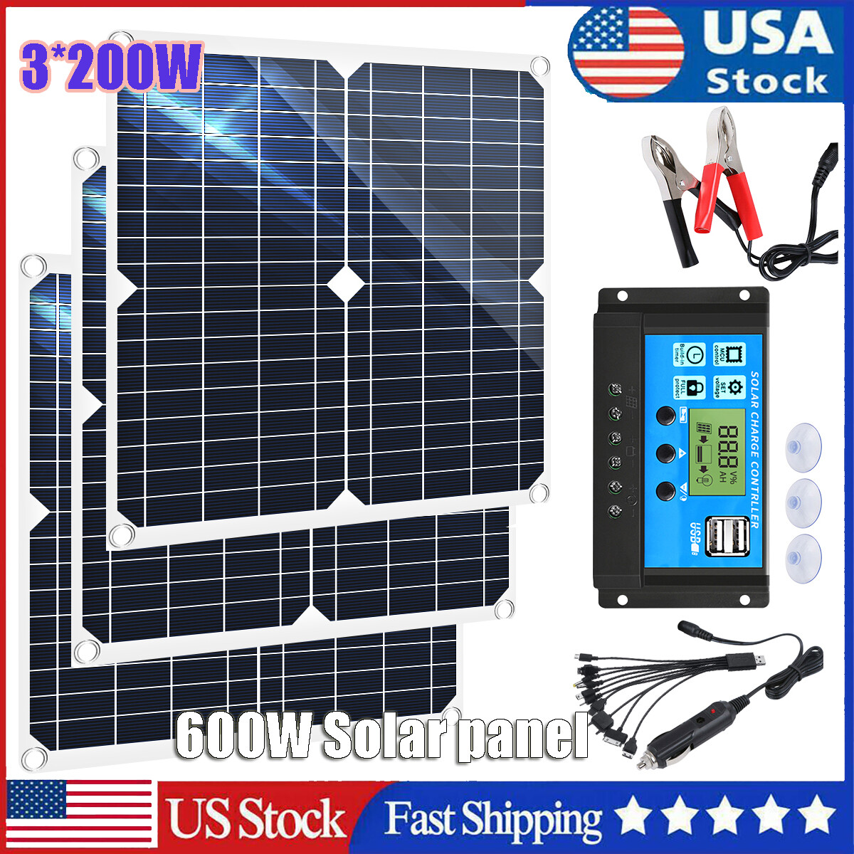 600W Solar Panel 12V Trickle Charger Battery Charger Kit Maintainer Boat RV Car