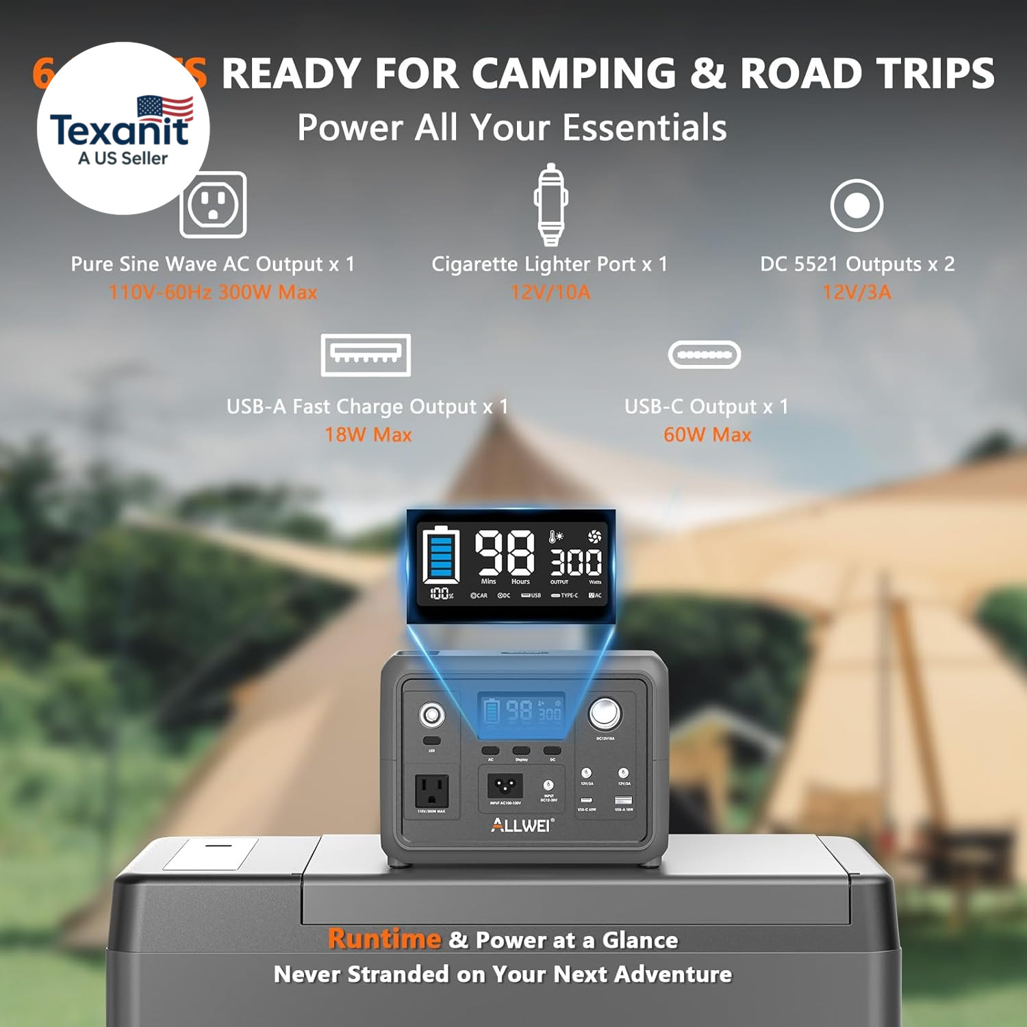 Portable Power Station 300W (Peak 600W) Upgraded, 256Wh Lifepo4 Battery Bank Sol