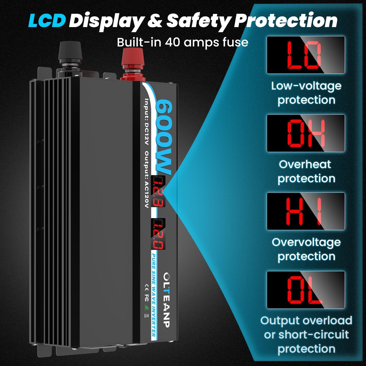 600W Power Inverter Pure Sine Wave Inverter 12V DC to 120V AC Converter for Car,